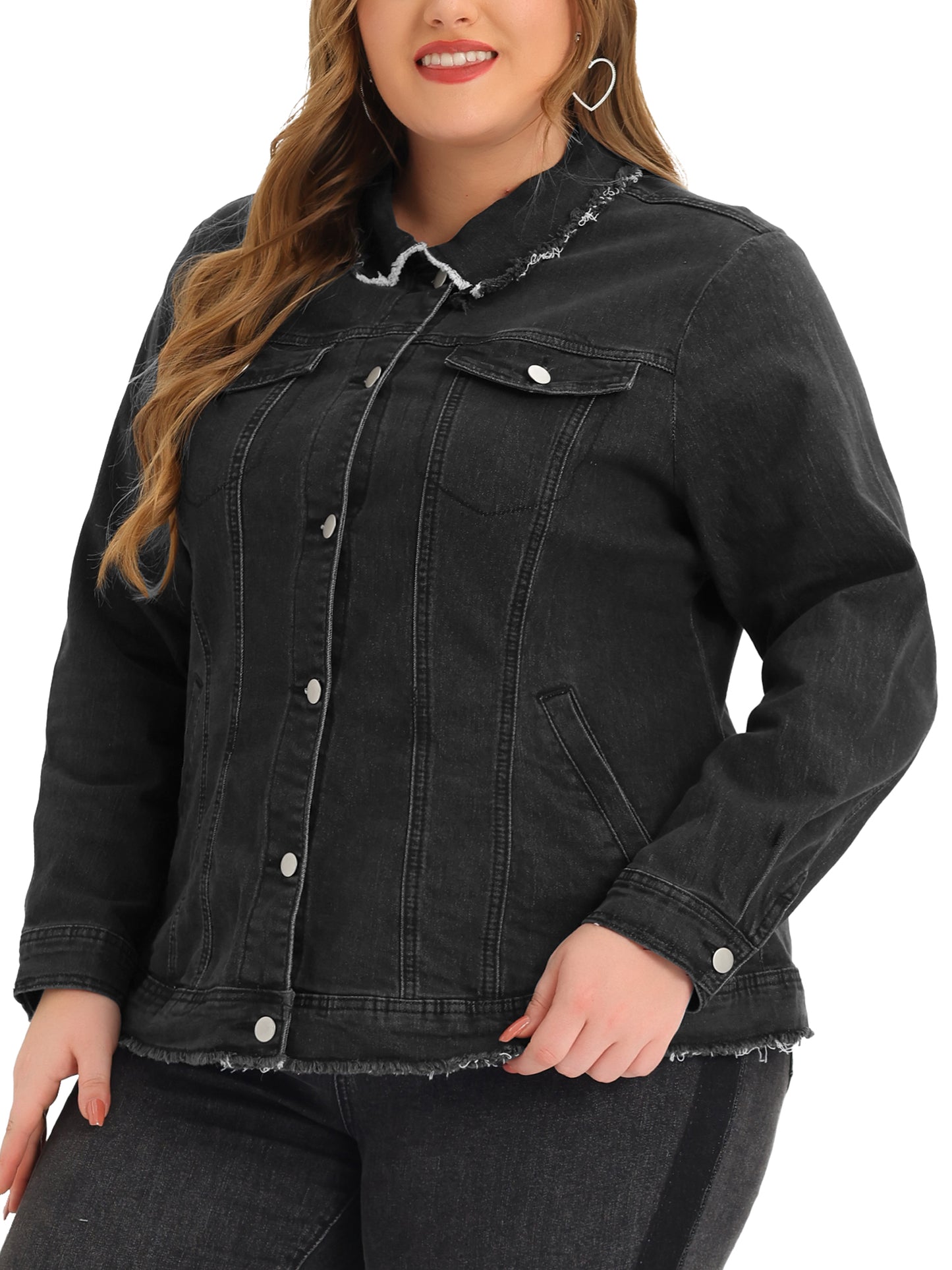 Women Plus Size Denim Jackets Frayed Hem Classic Washed Jean Jacket