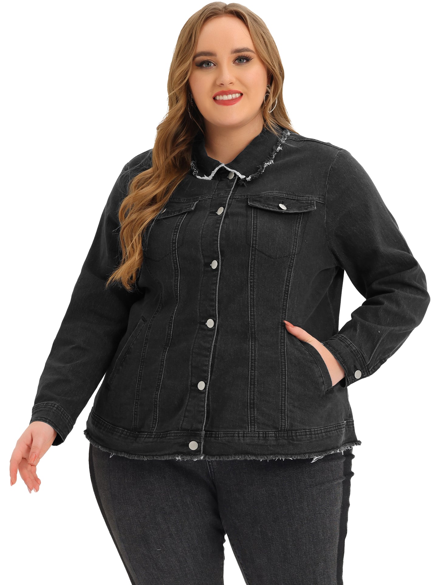 Women Plus Size Denim Jackets Frayed Hem Classic Washed Jean Jacket