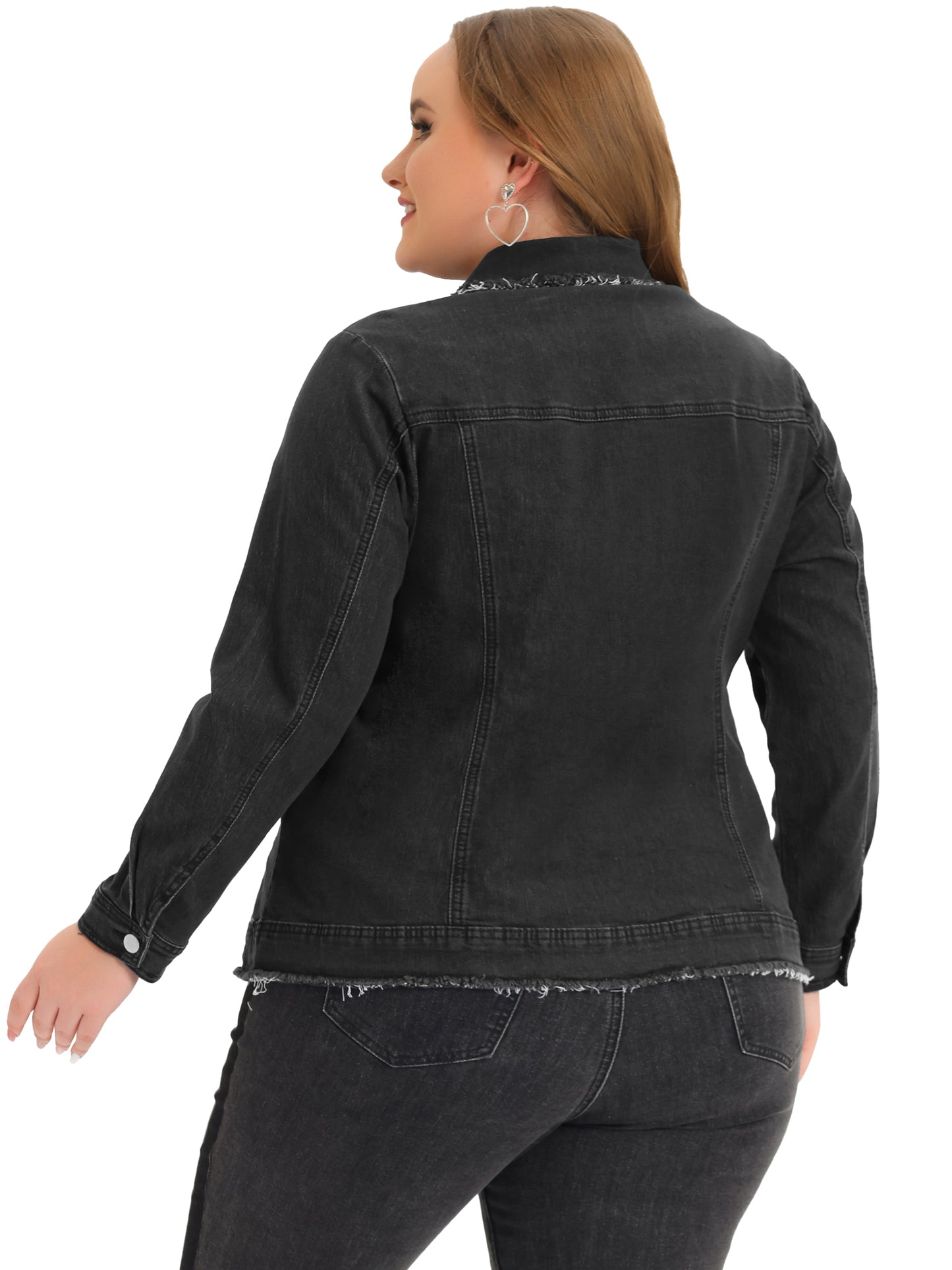 Women Plus Size Denim Jackets Frayed Hem Classic Washed Jean Jacket