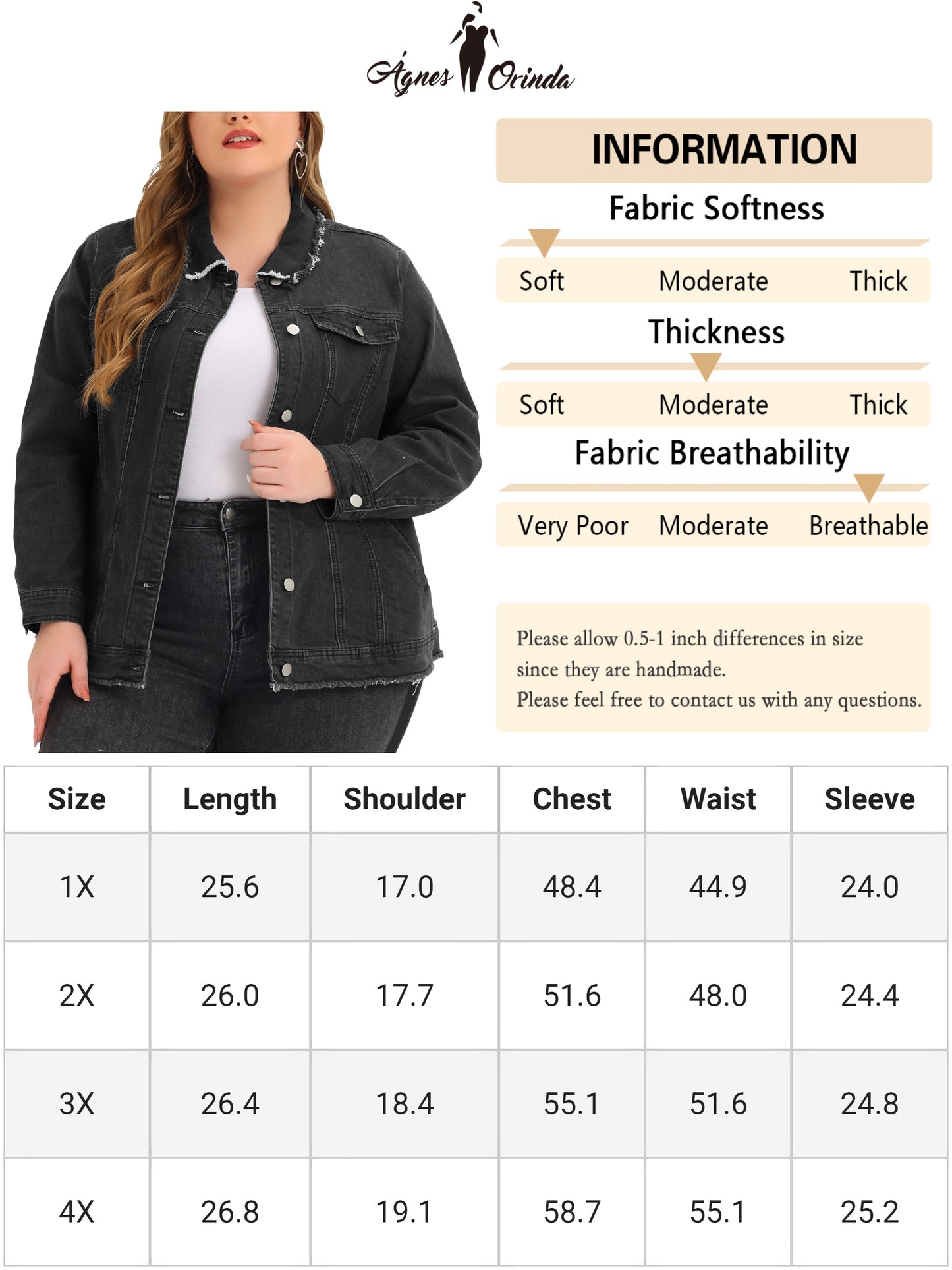 Women Plus Size Denim Jackets Frayed Hem Classic Washed Jean Jacket