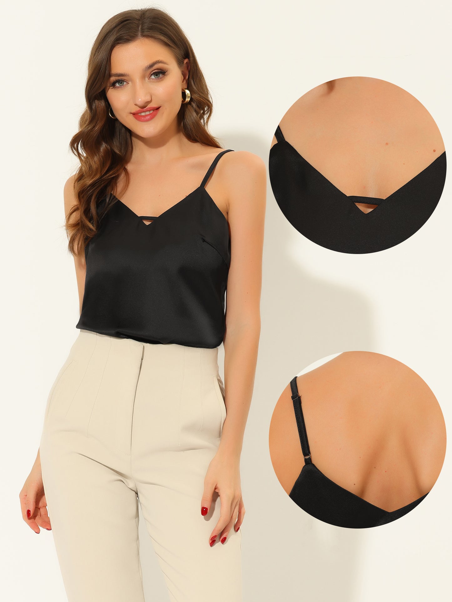 Women's Satin Camisole V Neck Sleeveless Spaghetti Strap Cami Tank Top