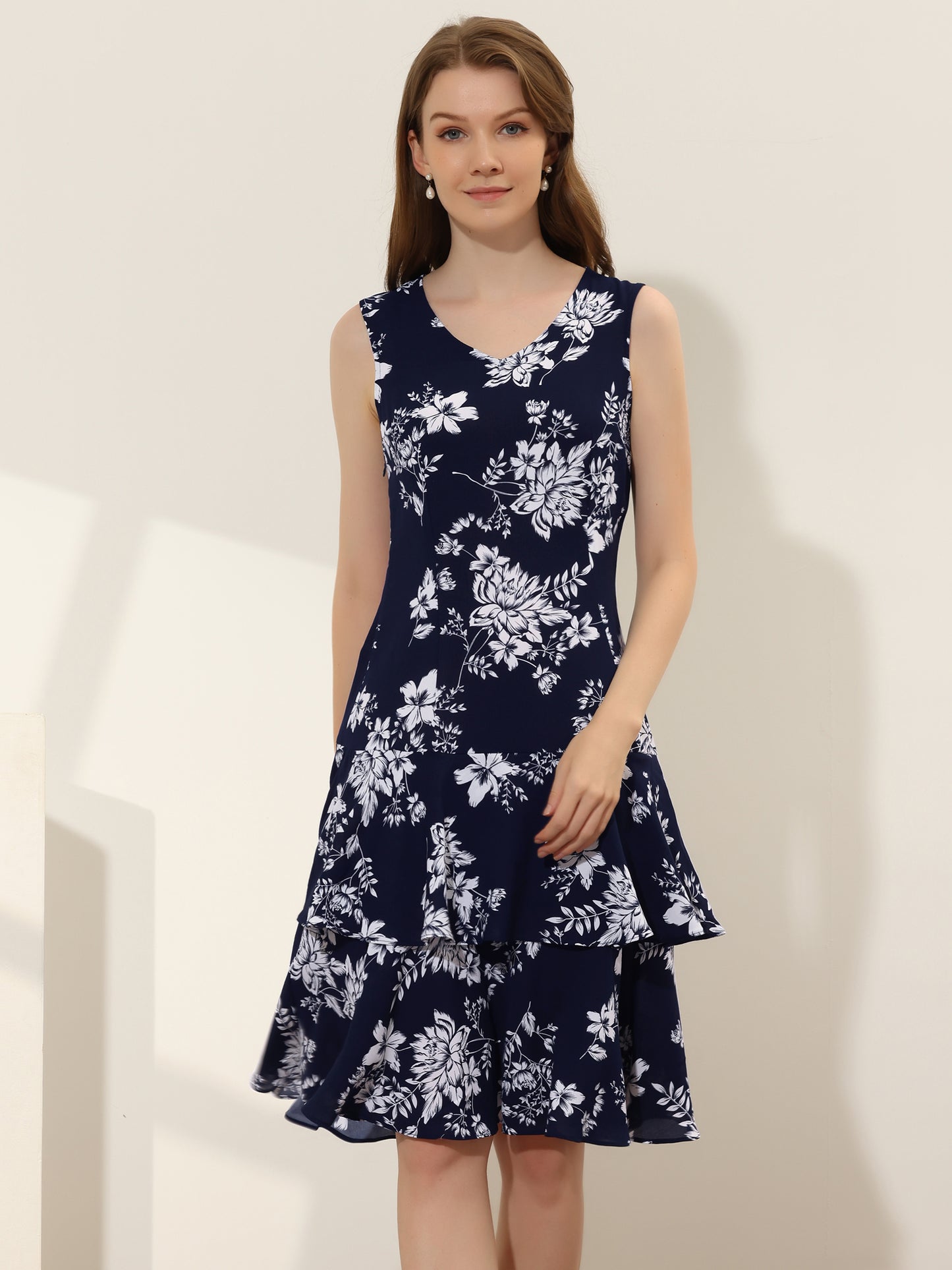 Women's Dress Suit Set Chiffon V Neck Floral Print Dress Contrast Panel Work Blazer