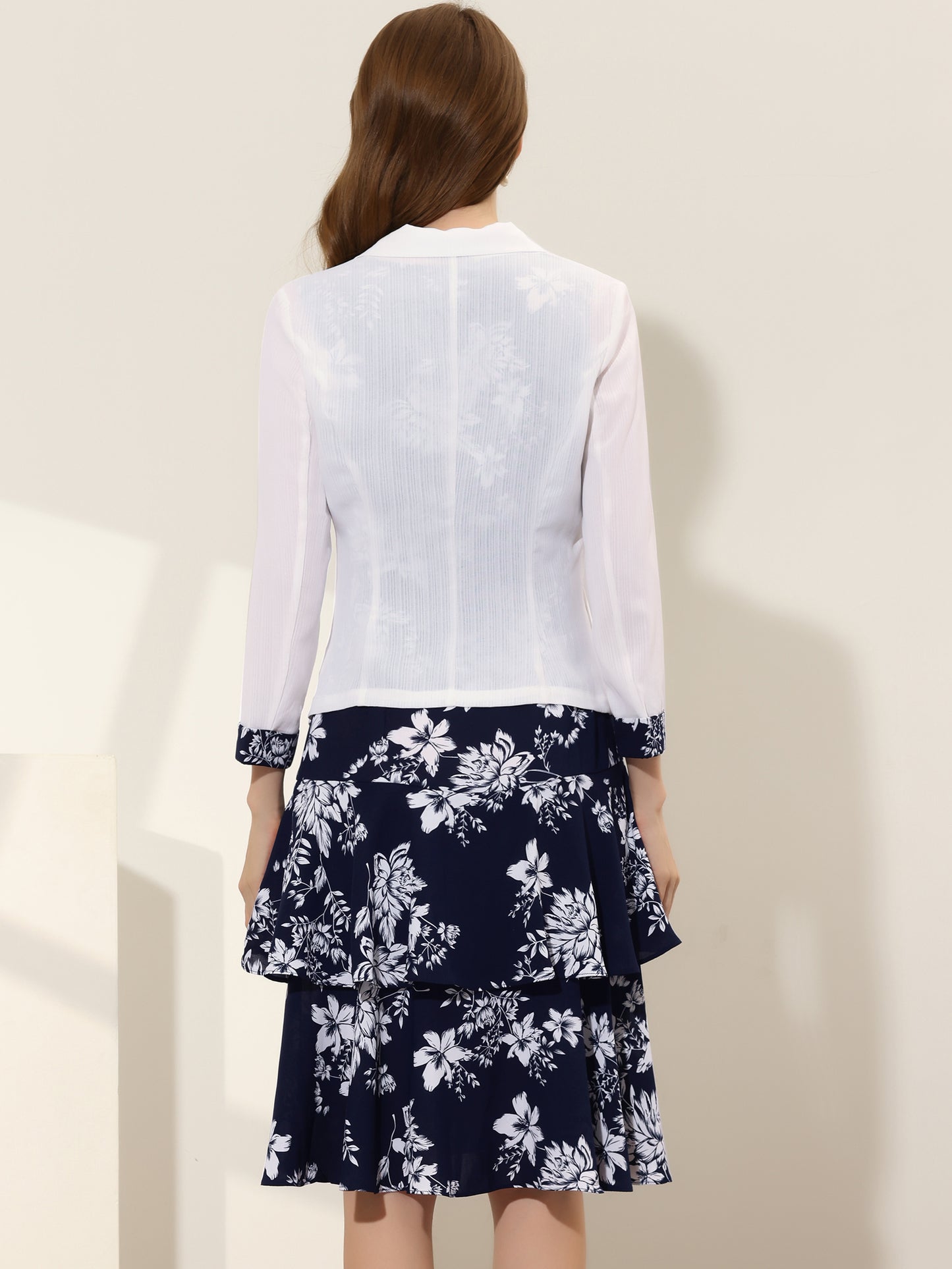 Women's Dress Suit Set Chiffon V Neck Floral Print Dress Contrast Panel Work Blazer