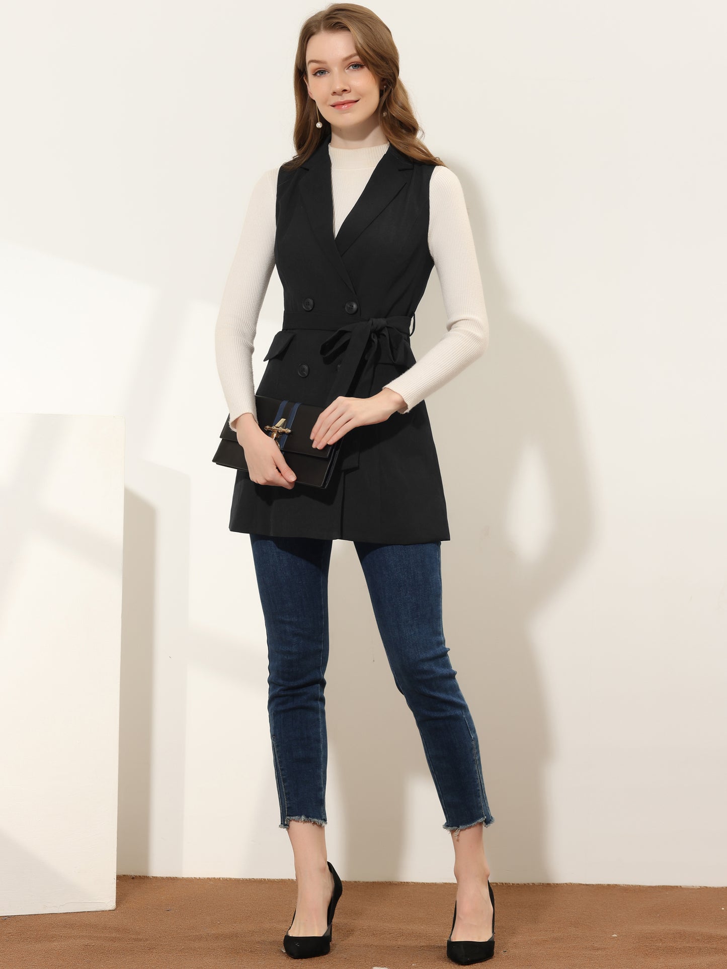 Women's Sleeveless Blazer Work Double Breasted Lightweight Belted Long Trench Vest