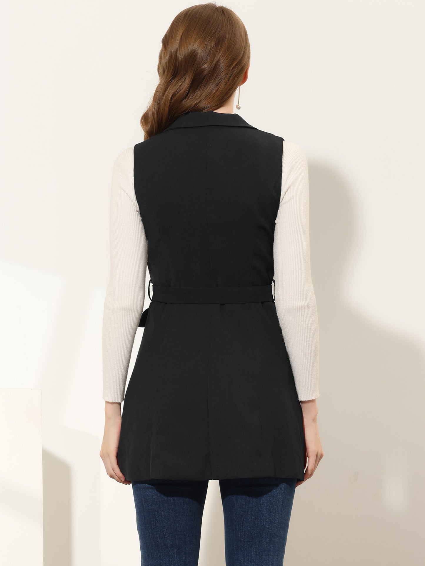 Women's Sleeveless Blazer Work Double Breasted Lightweight Belted Long Trench Vest