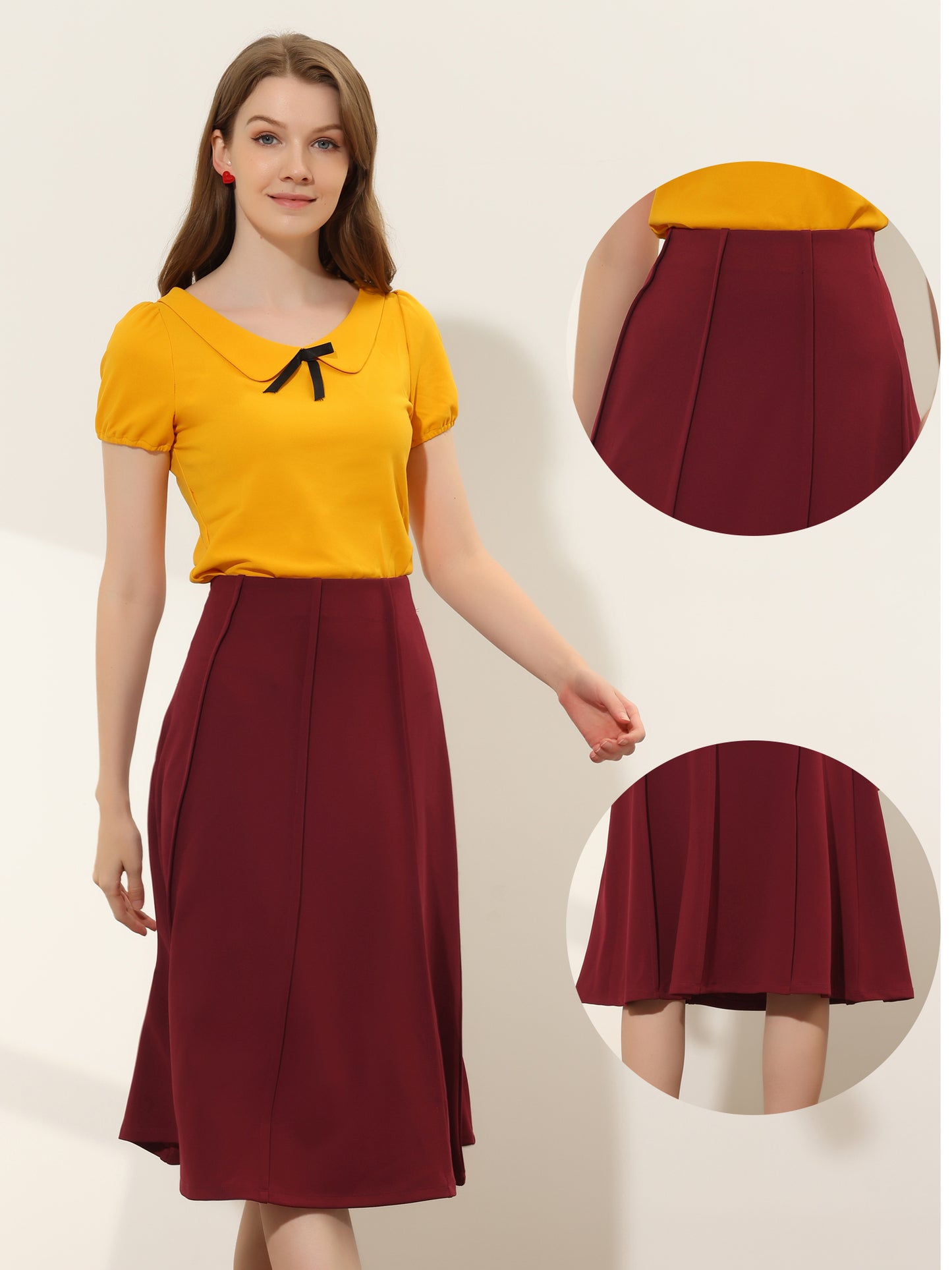 Faldas retro de cintura alta para mujer, color liso, plisadas por debajo de la rodilla, acampanadas