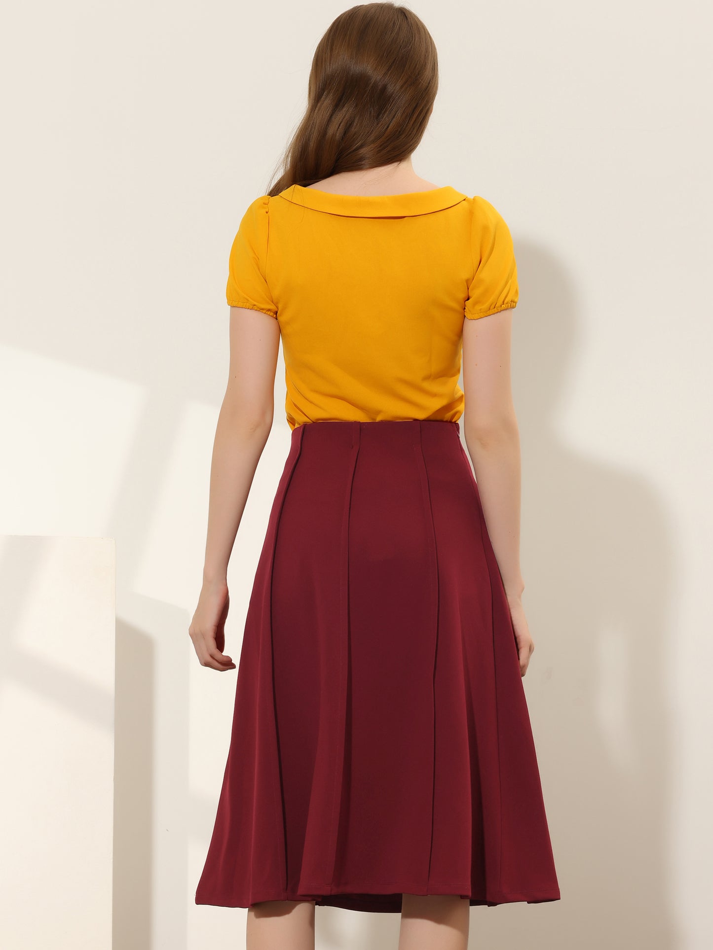 Faldas retro de cintura alta para mujer, color liso, plisadas por debajo de la rodilla, acampanadas
