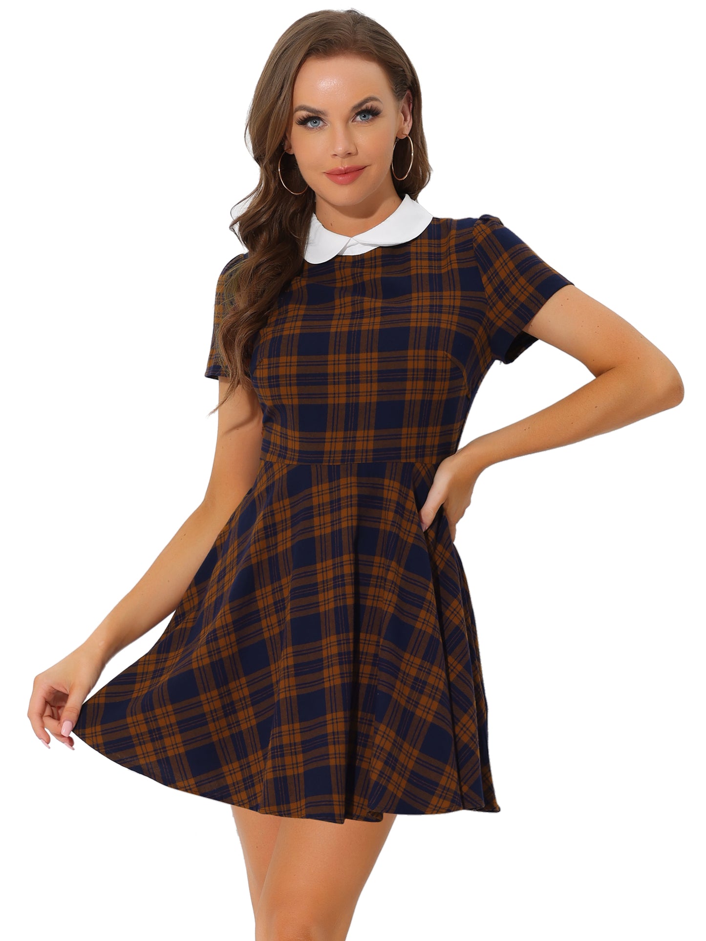 Women Plaids Contrast Peter Pan Collar Puff Sleeves Above Knee Dress