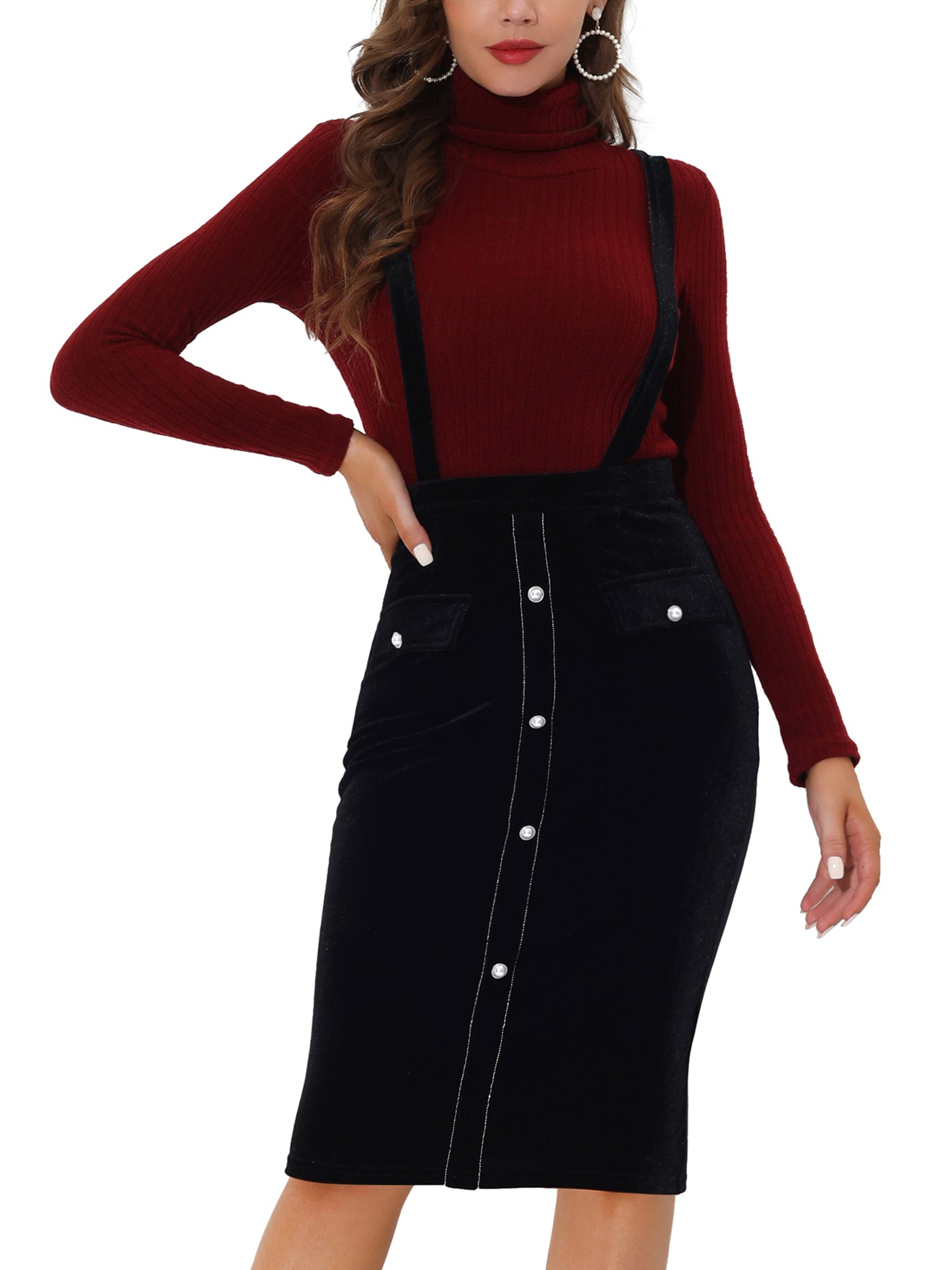 Falda estilo pichi de cintura alta con botones, ajustada, midi y tirantes para mujer