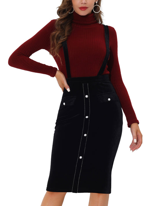 Women's High Waist Overall Button Decor Pencil Bodycon Midi Suspender Pinafore Skirt