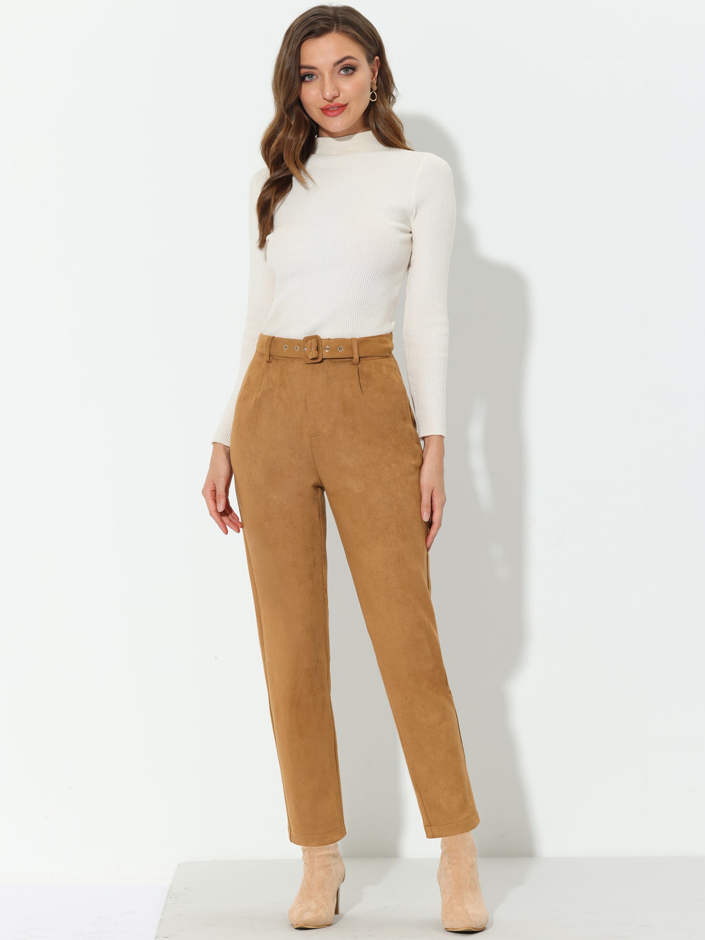 Women's Faux Suede Pants Casual High Waist Belted Straight Legs Trousers
