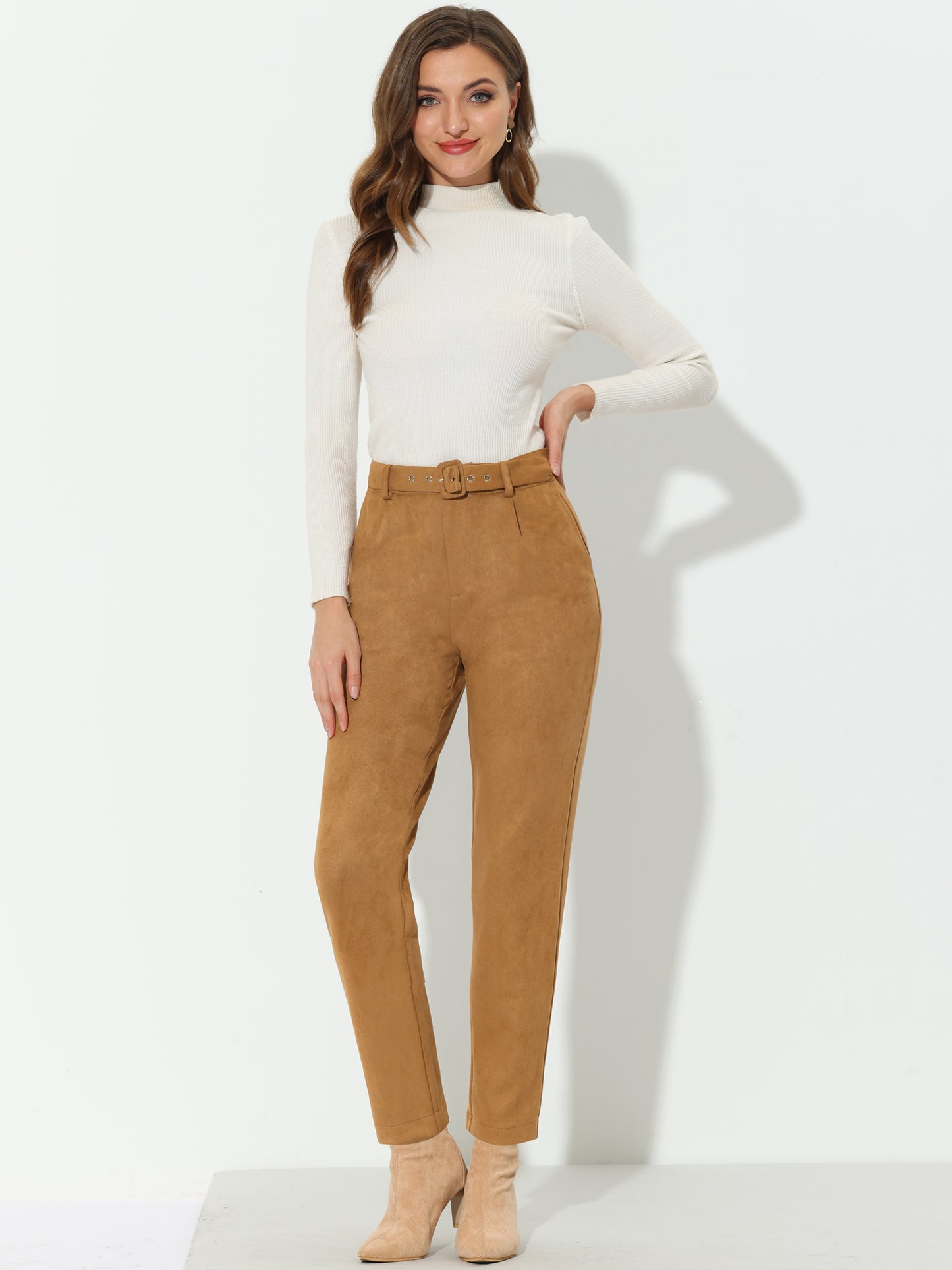 Women's Faux Suede Pants Casual High Waist Belted Straight Legs Trousers