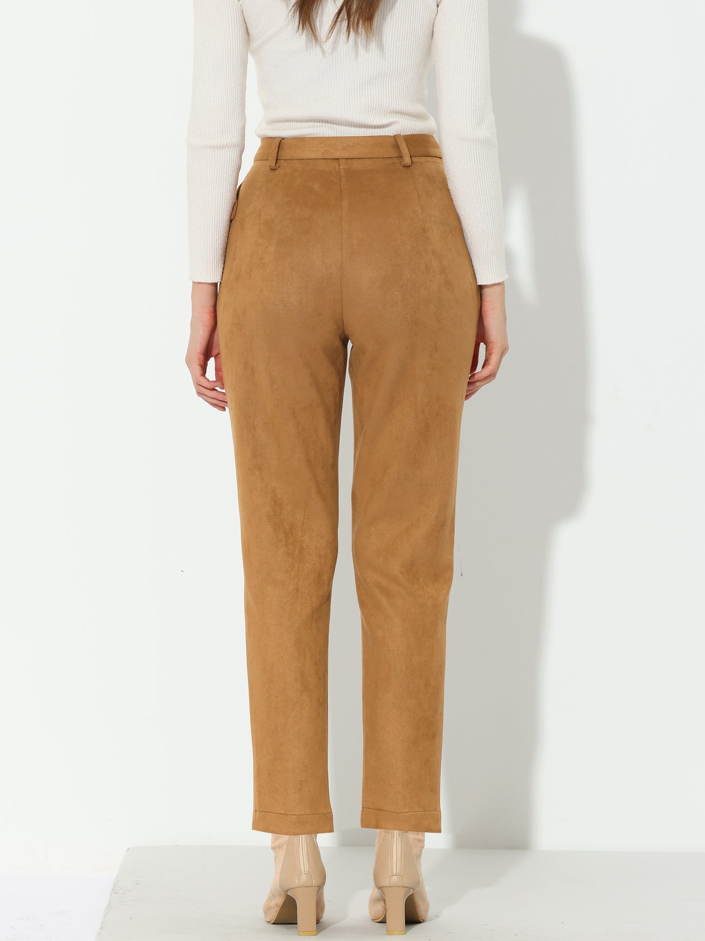 Women's Faux Suede Pants Casual High Waist Belted Straight Legs Trousers