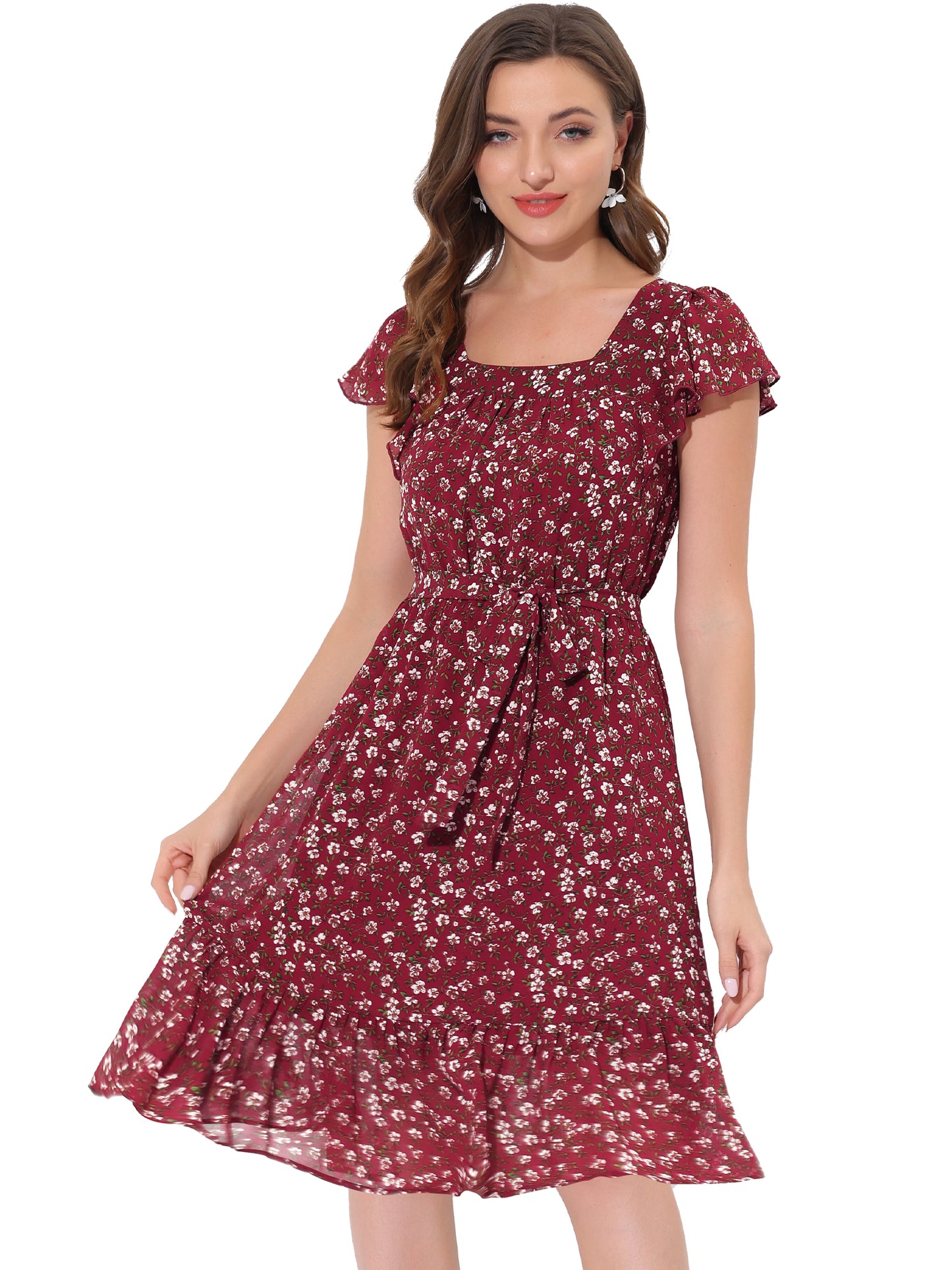 Women's Midi Floral Chiffon Dress Flutter Sleeve Belted Square Neck Ruffled Dress (Available in Plus Size)