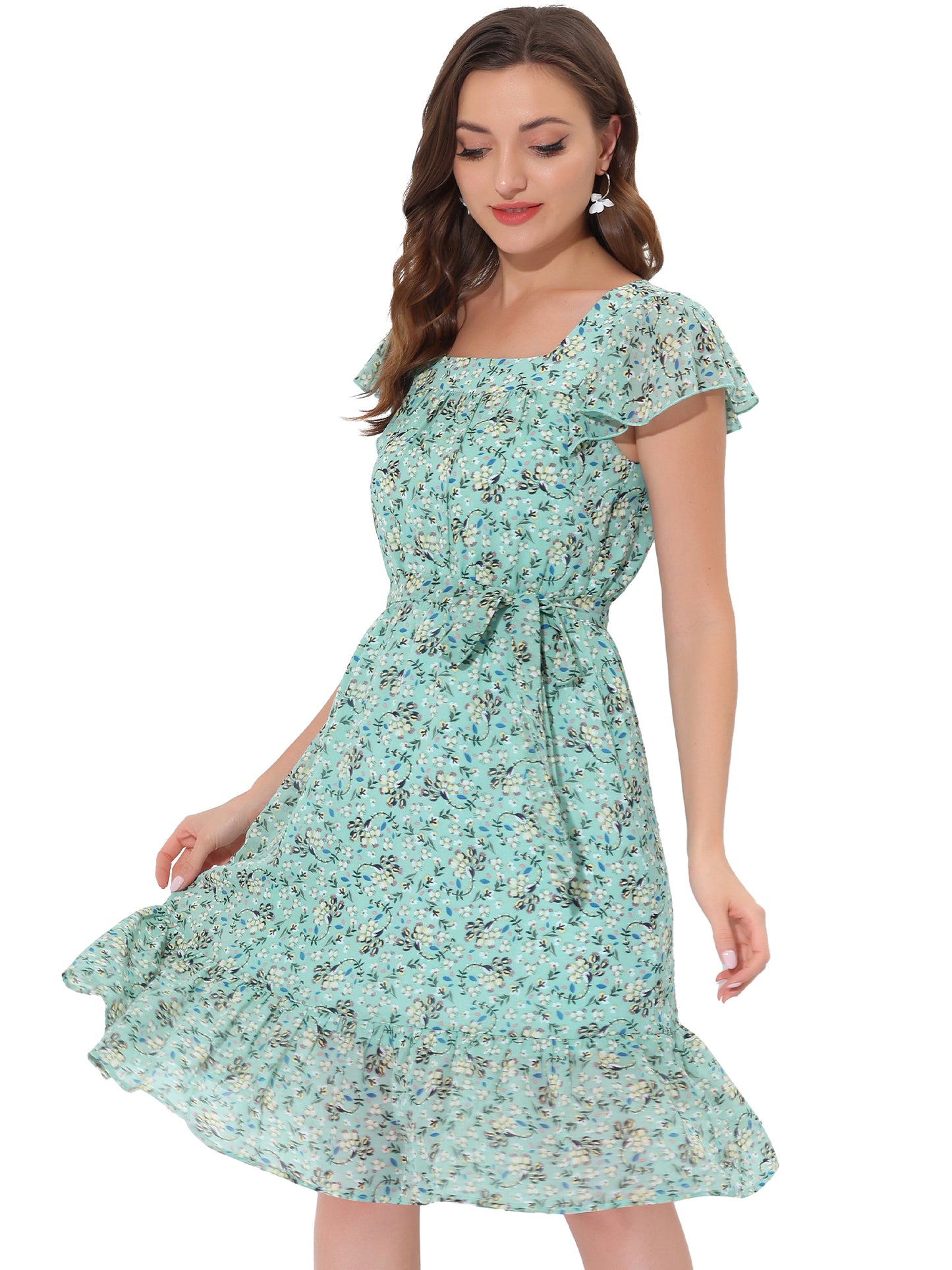 Women's Midi Floral Chiffon Dress Flutter Sleeve Belted Square Neck Ruffled Dress (Available in Plus Size)