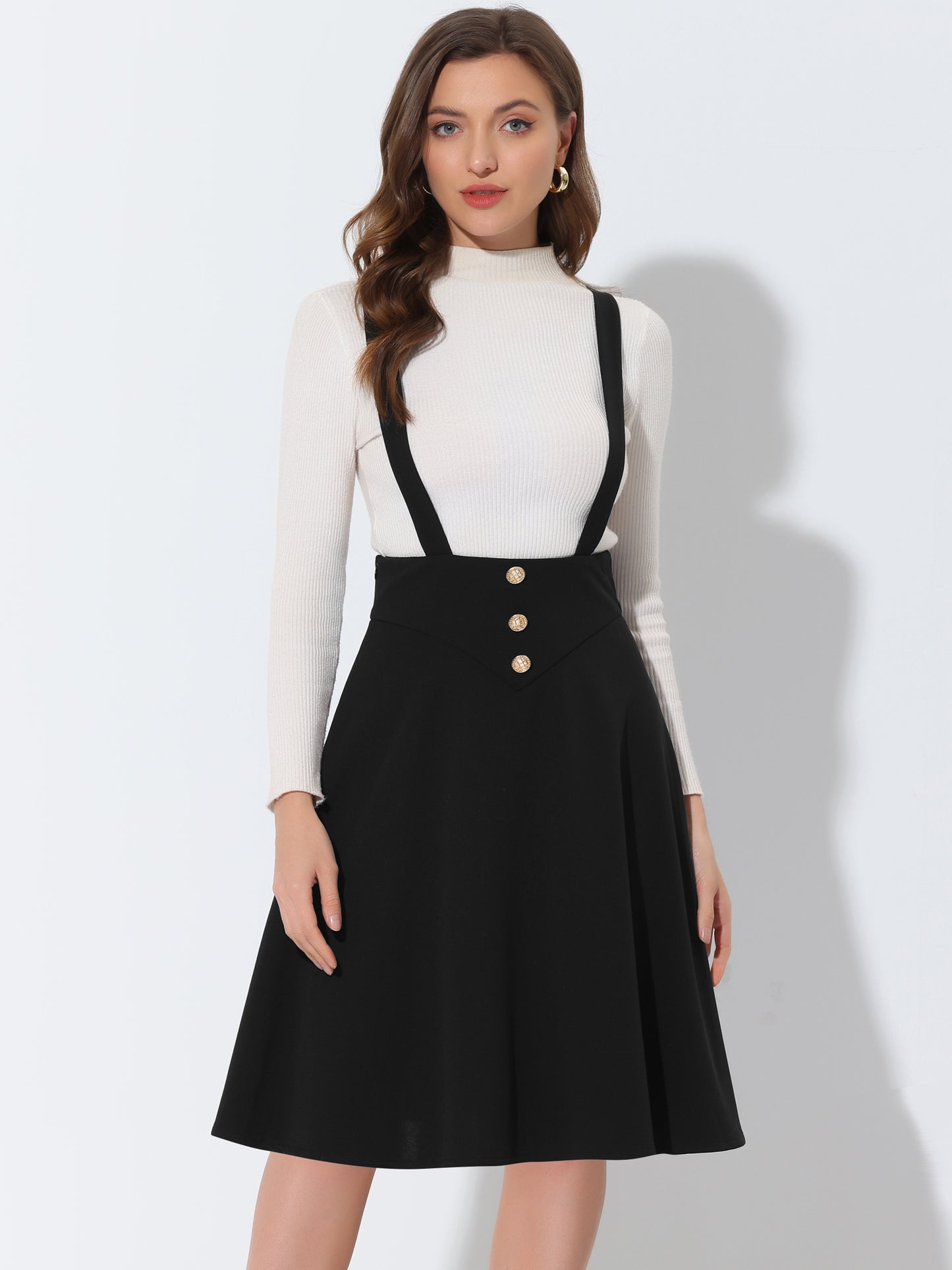 Falda midi retro con tirantes y botones, cintura alta, acampanada, para mujer