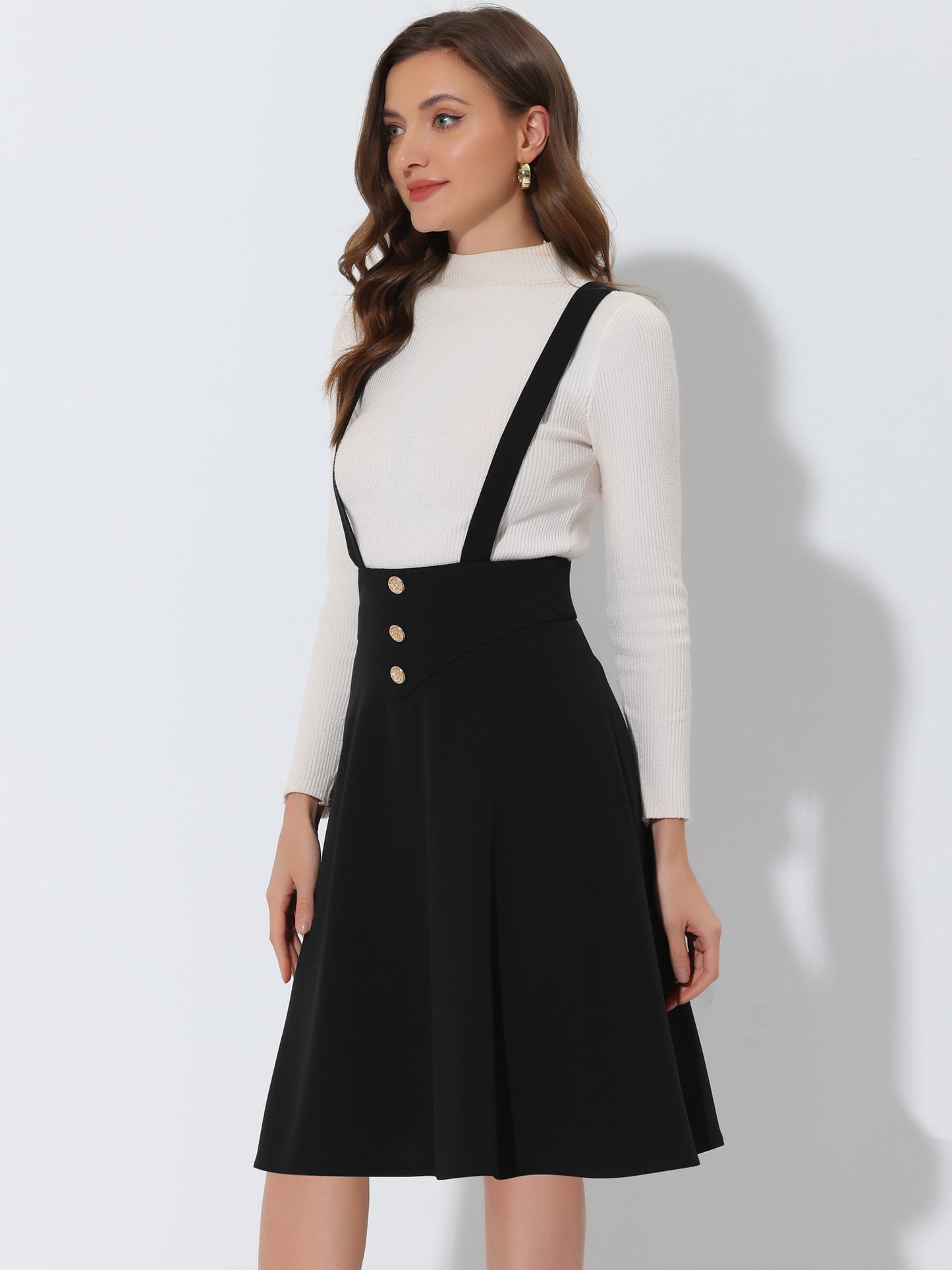 Falda midi retro con tirantes y botones, cintura alta, acampanada, para mujer