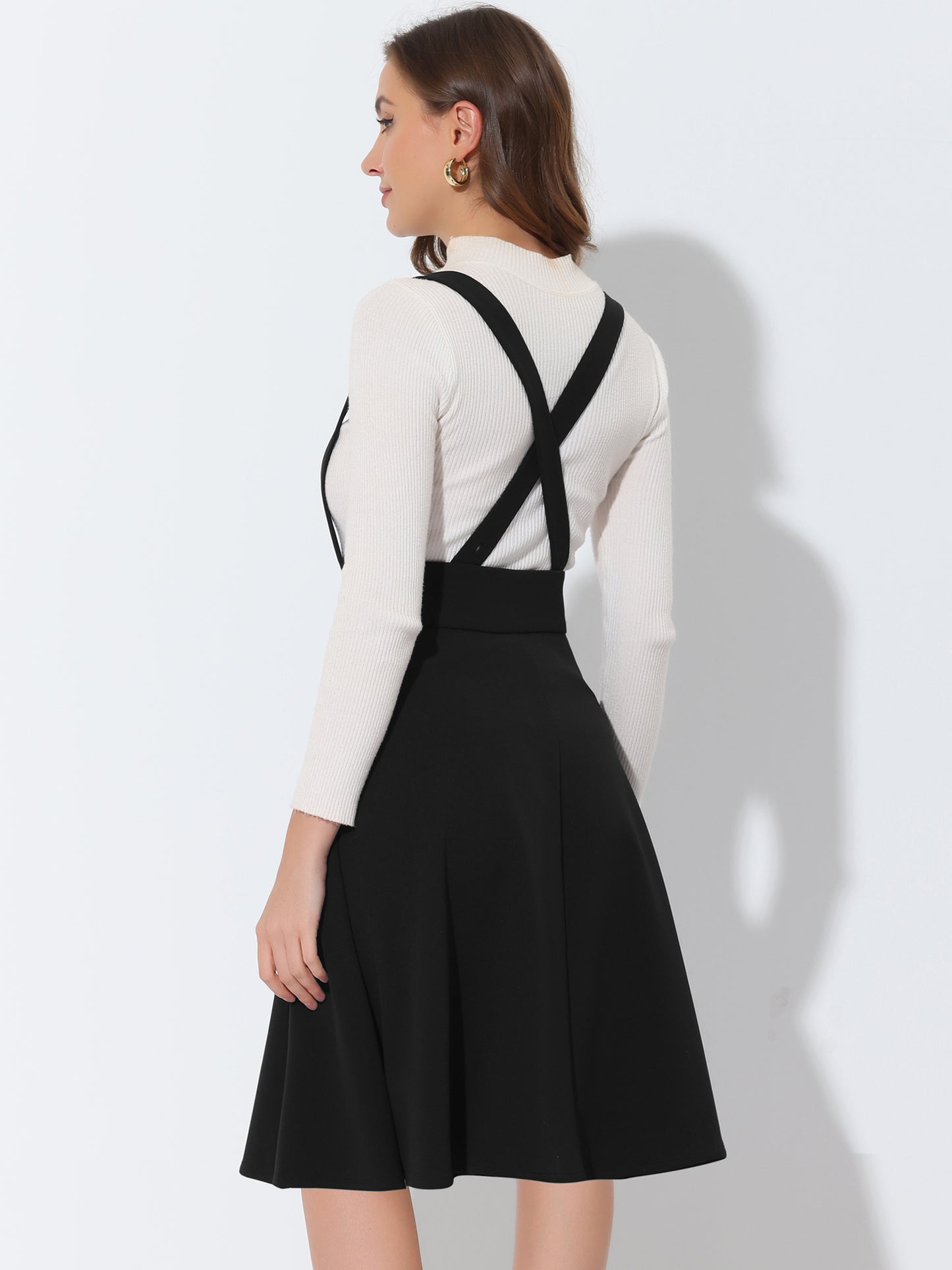 Falda midi retro con tirantes y botones, cintura alta, acampanada, para mujer
