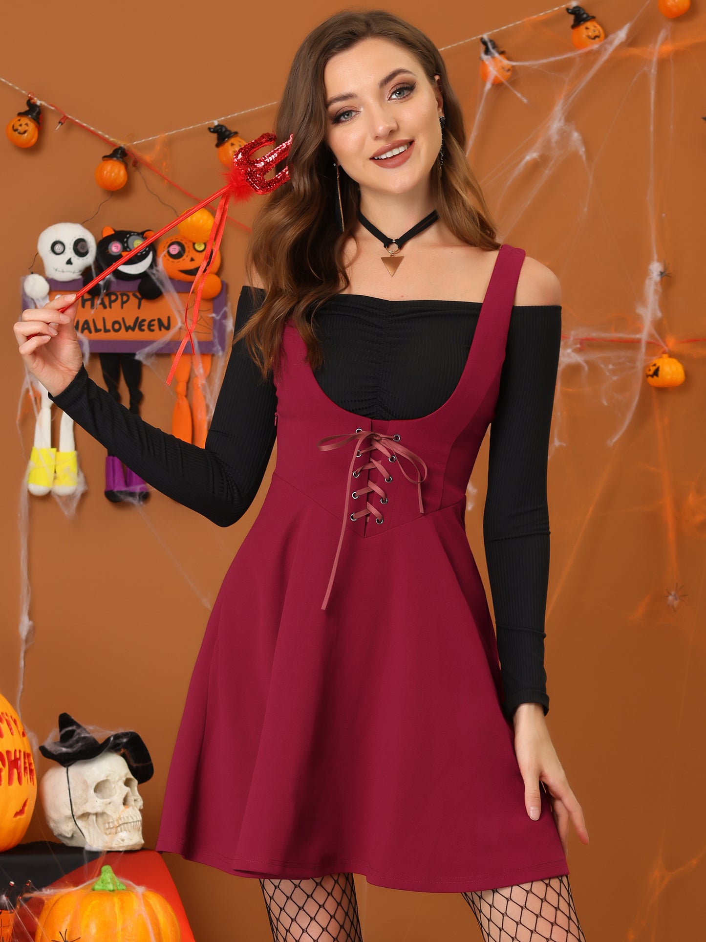 Falda minifalda gótica con tirantes y cordones para mujer