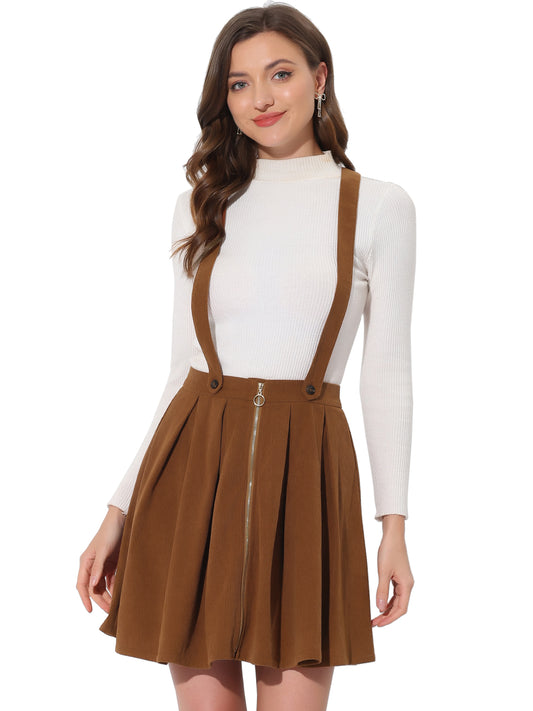 Women's Corduroy Overall Skirts Zipper Front Adjustable Strap Pleated Suspender Skirt
