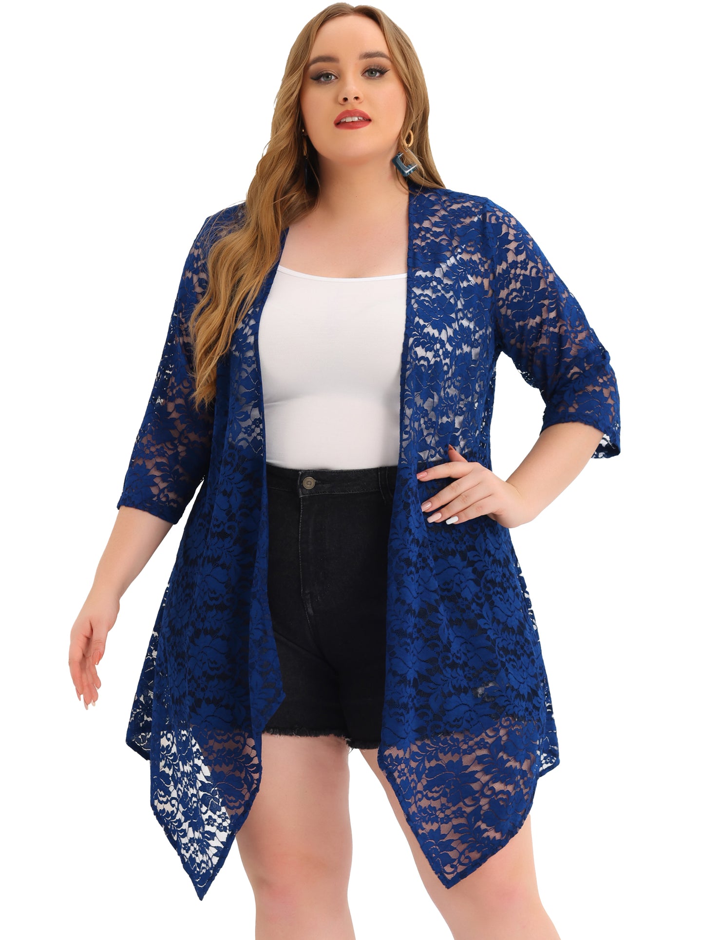 Women Plus Size Cardigans Open Front 3/4 Sleeves Crochet Cover Ups