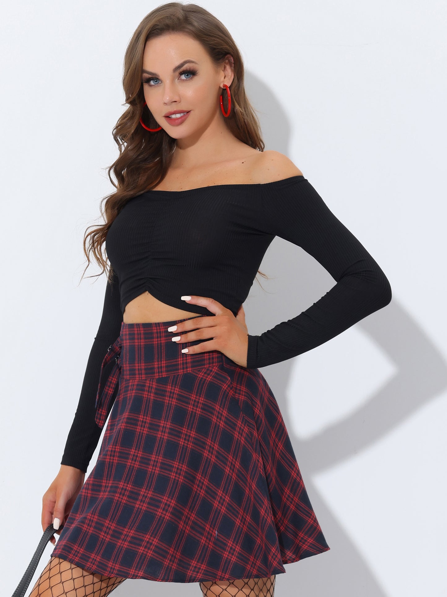 Falda skater mini de algodón a cuadros para mujer