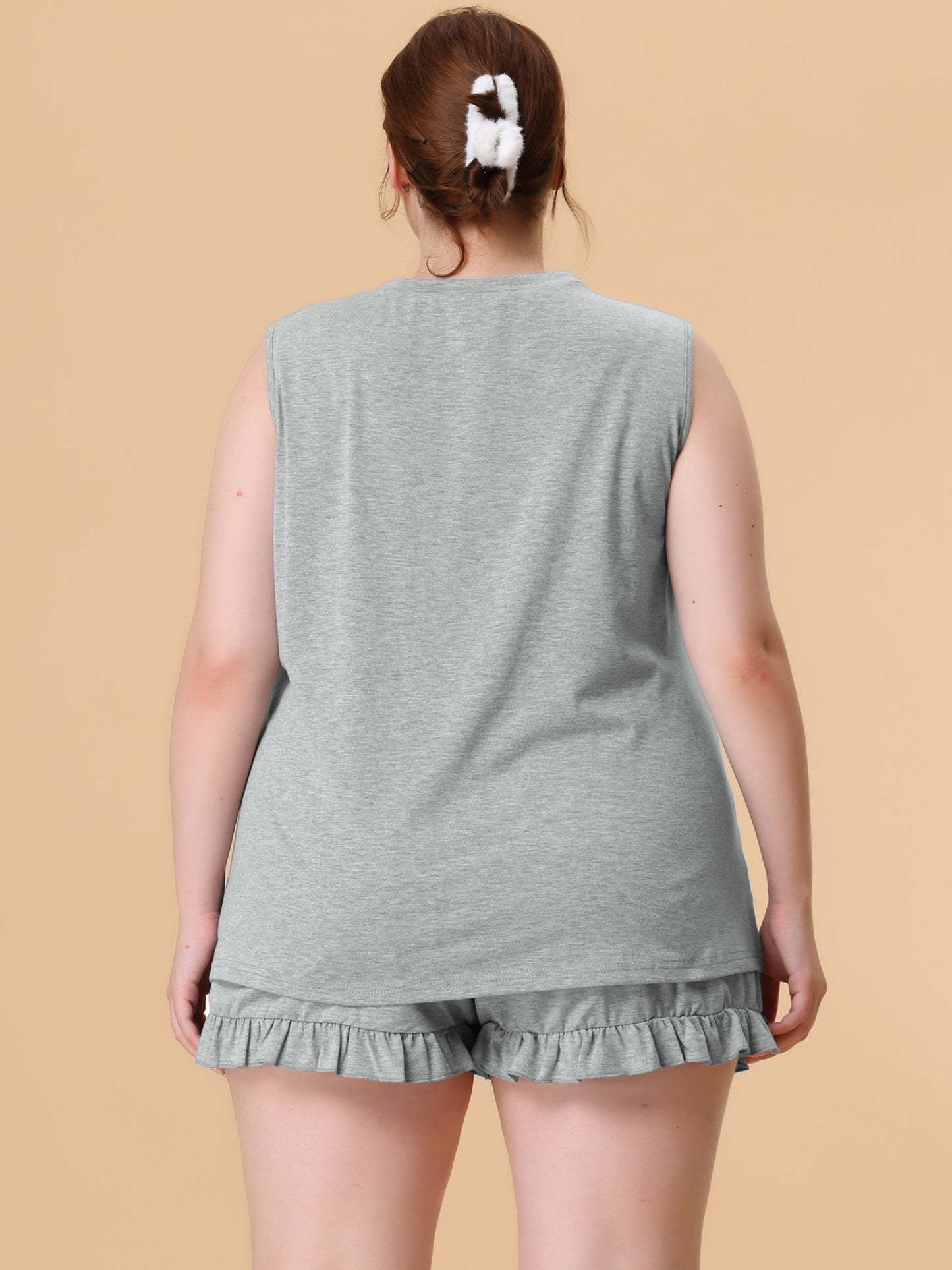 Women Plus Size Pajamas Set Ruffle Knit Sleeveless Tank Top 2 Piece PJ Sets Loungewear