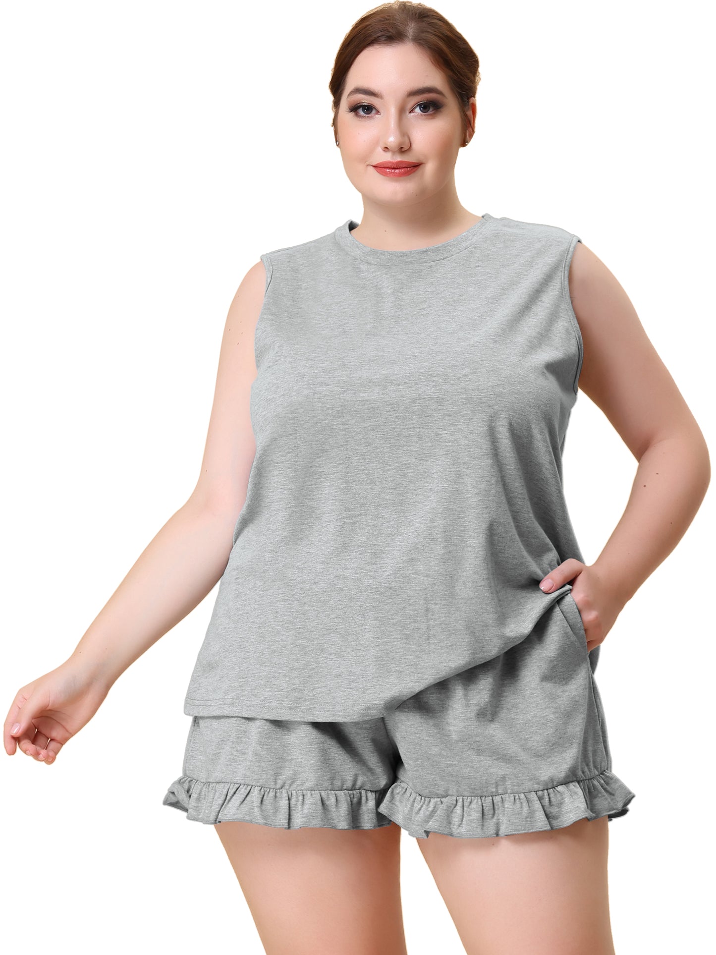 Women Plus Size Pajamas Set Ruffle Knit Sleeveless Tank Top 2 Piece PJ Sets Loungewear