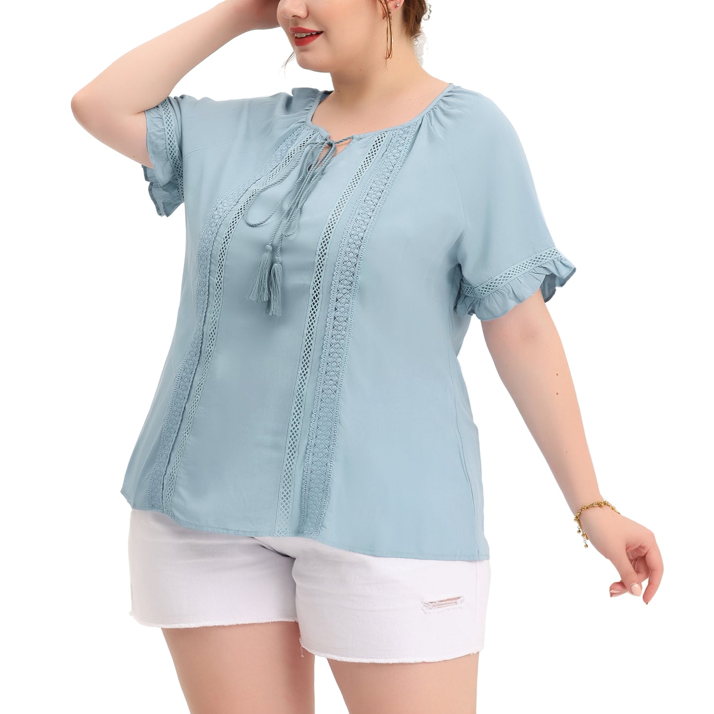 Women Plus Size Blouse Tie Neck Ruffle Short Sleeve Summer Lace Crochet Top