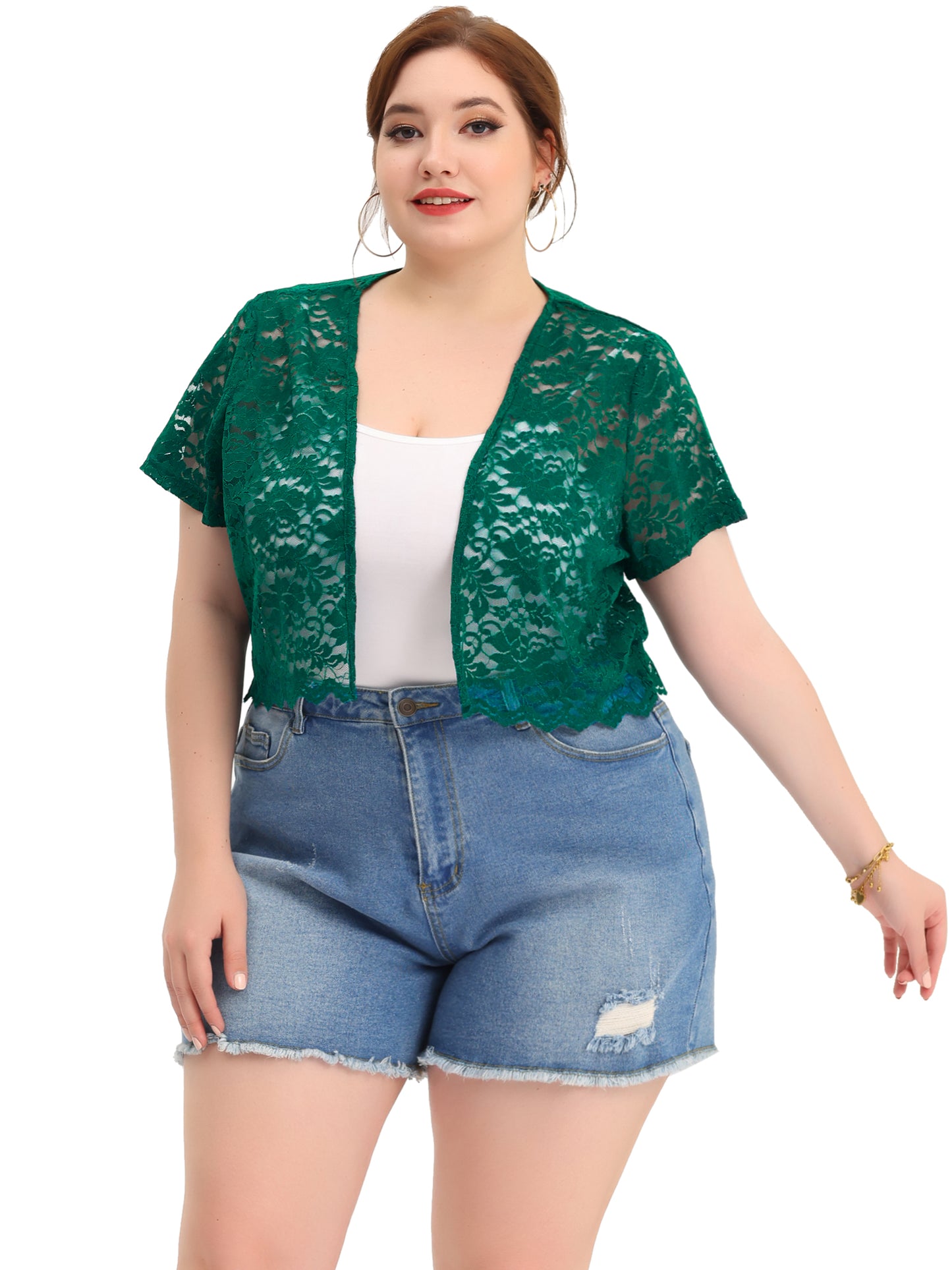 Women Plus Size Bolero Shrugs Open Front Short Sleeve Crochet Lace Cropped Cardigans