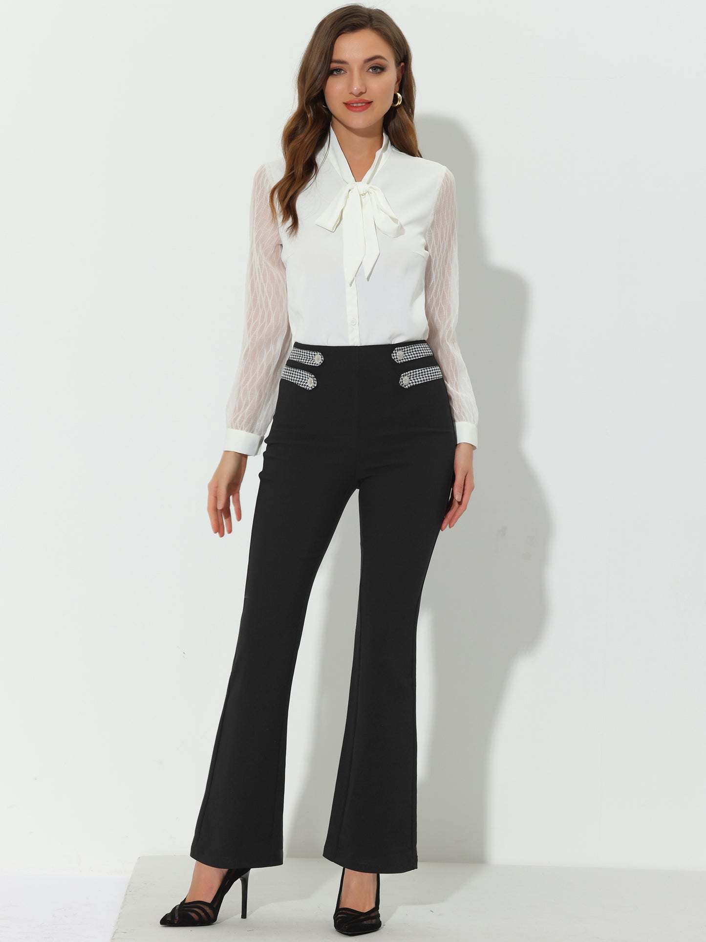 Pantalones largos de trabajo para mujer, informales, de negocios, elásticos, de cintura alta, acampanados
