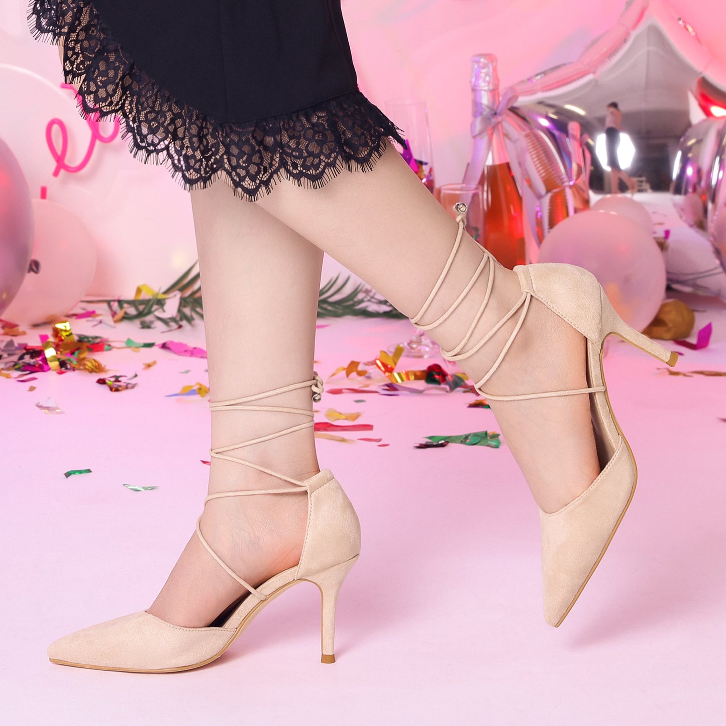 Women's Pointed Toe Dress Pumps Lace Up Stiletto Heels Sandals