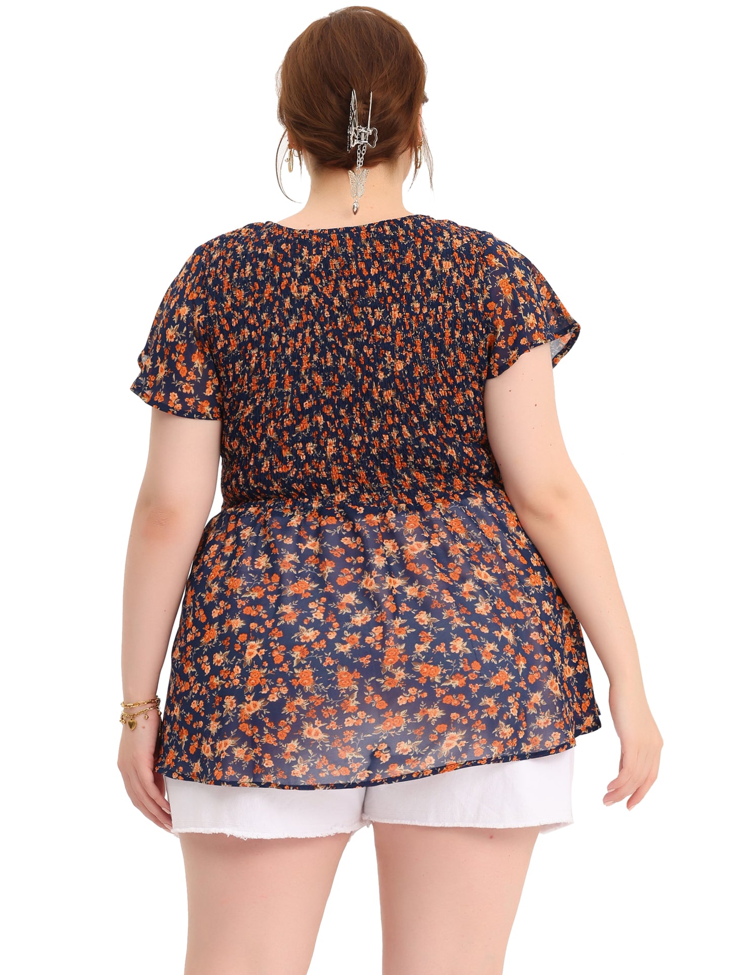 Women Plus Size Chiffon Blouse Summer Flare Short Sleeve Smocked Ditsy Floral Peplum Top