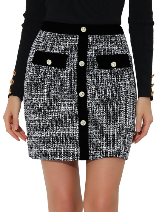 Minifalda de oficina elegante y ajustada con cintura alta y botones decorados de tweed para mujer