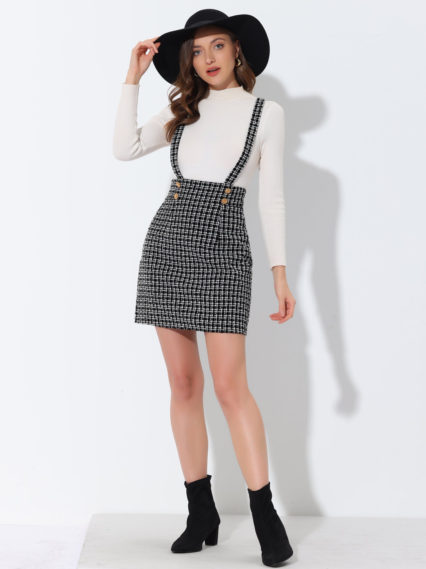 Vestido de tweed para mujer con tirantes y cintura alta, falda a cuadros con tirantes