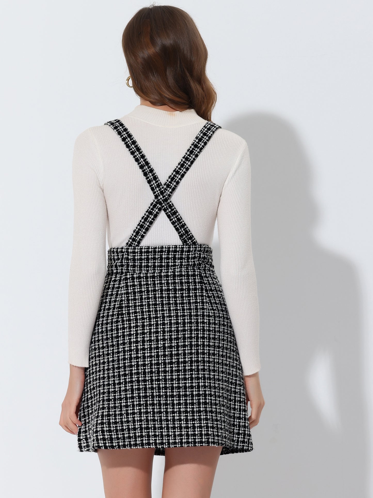 Vestido de tweed para mujer con tirantes y cintura alta, falda a cuadros con tirantes