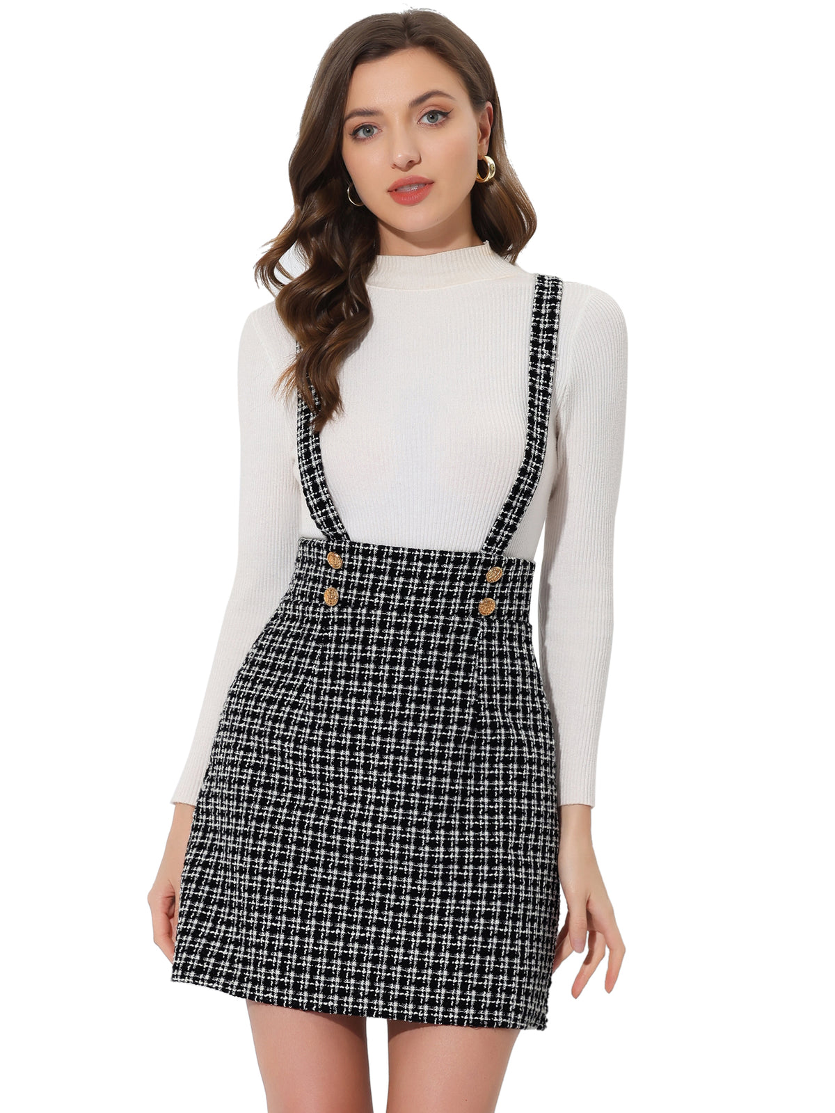 Women's Tweed Overall Dress Strap Braces High Waist Plaid Suspender Skirt