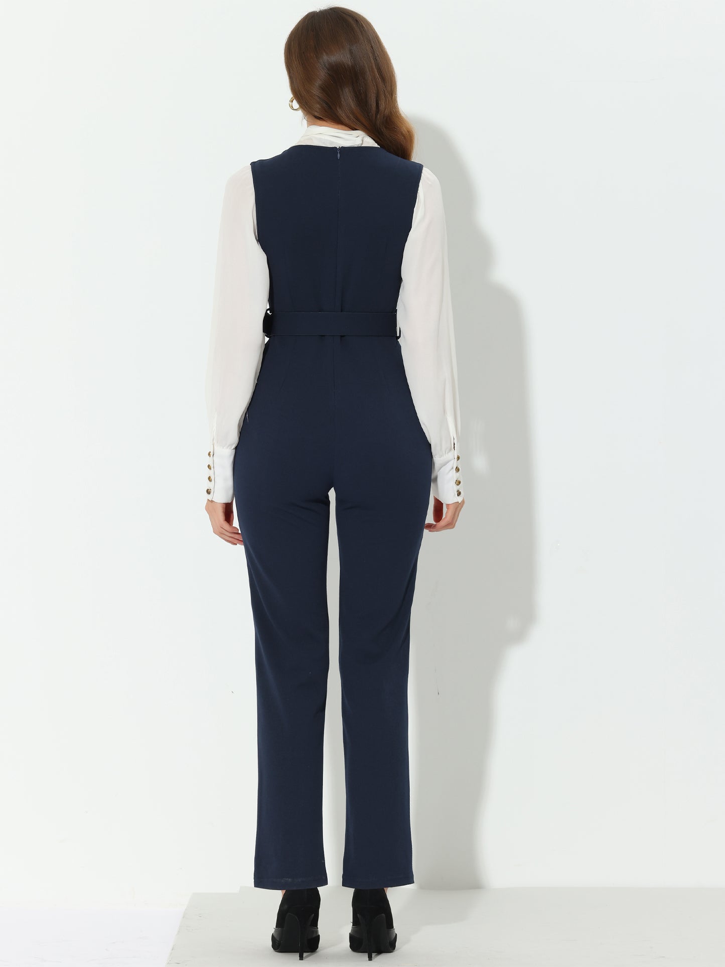Women's Work Office Overalls High Waisted Belted Sleeveless Long Suspenders Jumpsuit
