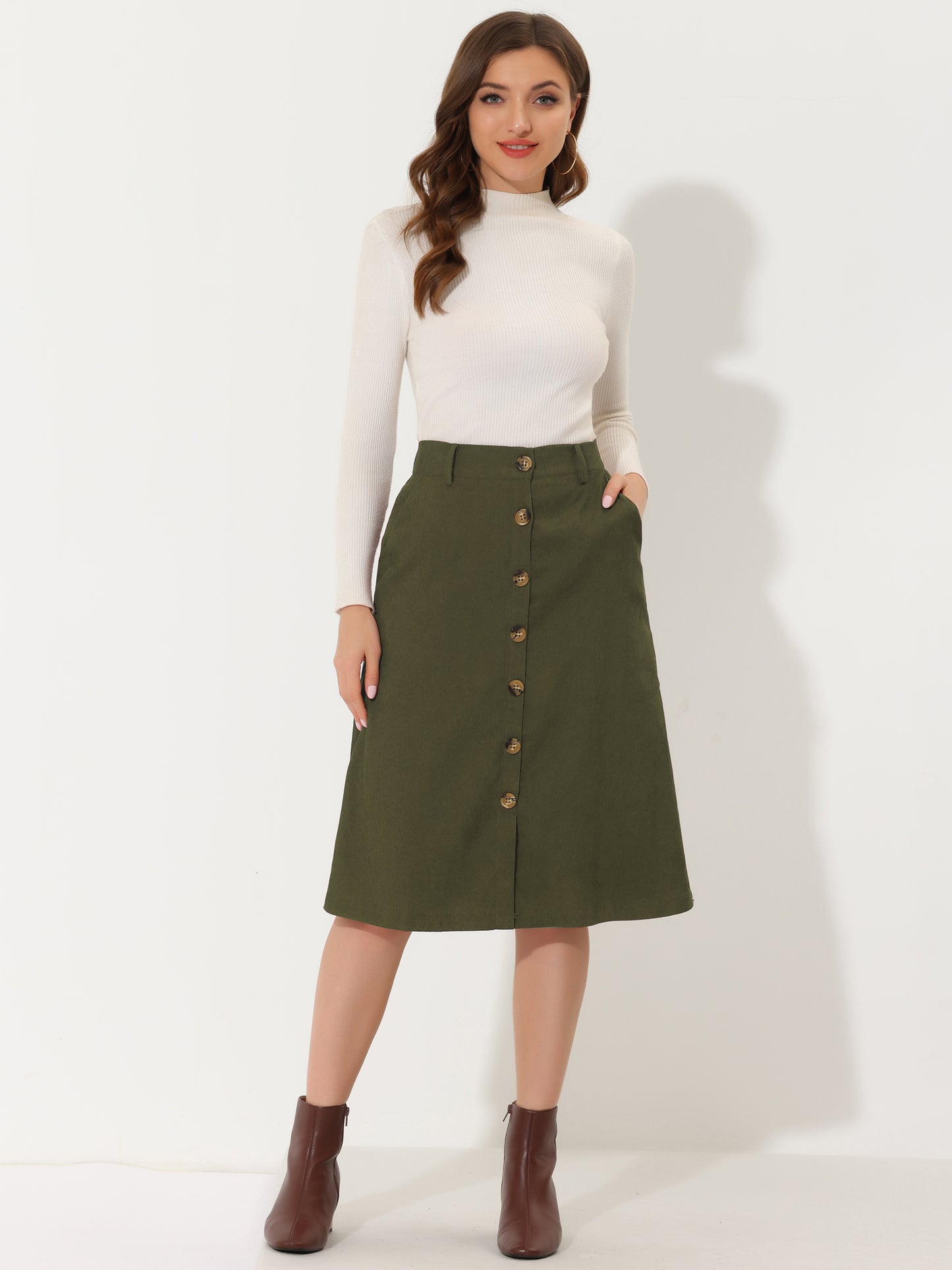 Women's Fall Button Front Belted Corduroy High Waist Midi Skirt (Available in Plus Size)