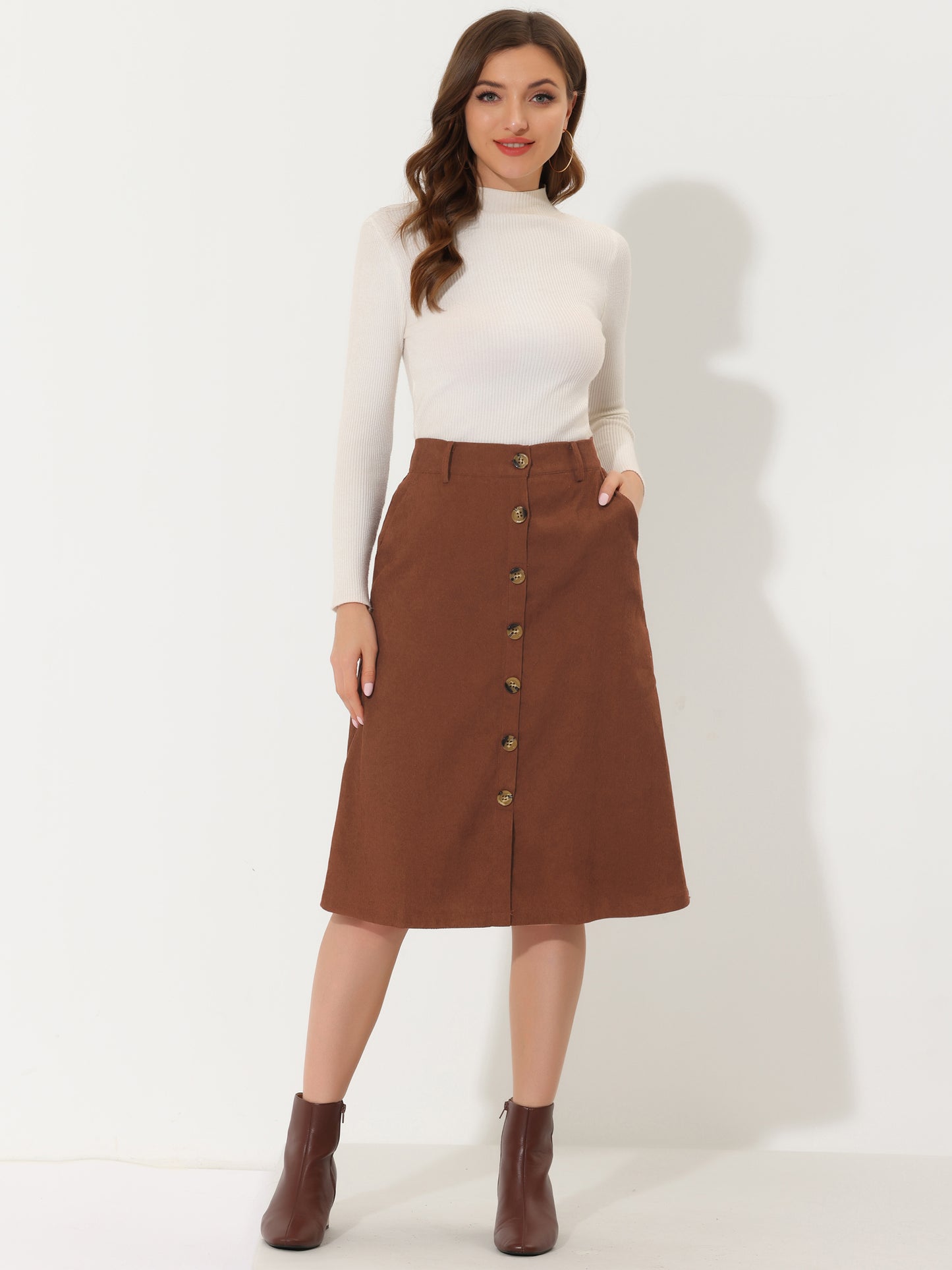 Women's Fall Button Front Belted Corduroy High Waist Midi Skirt (Available in Plus Size)