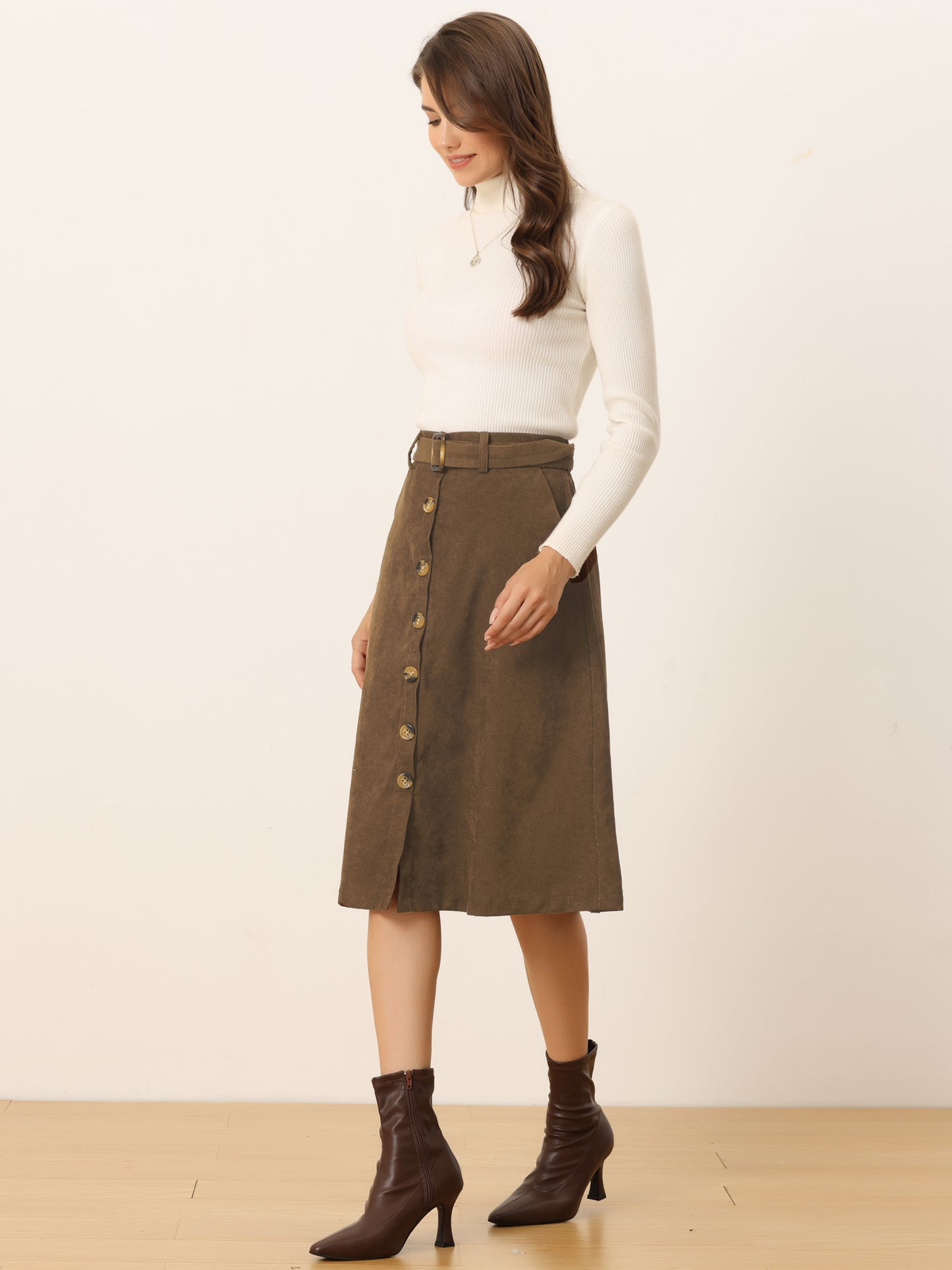 Women's Fall Button Front Belted Corduroy High Waist Midi Skirt (Available in Plus Size)