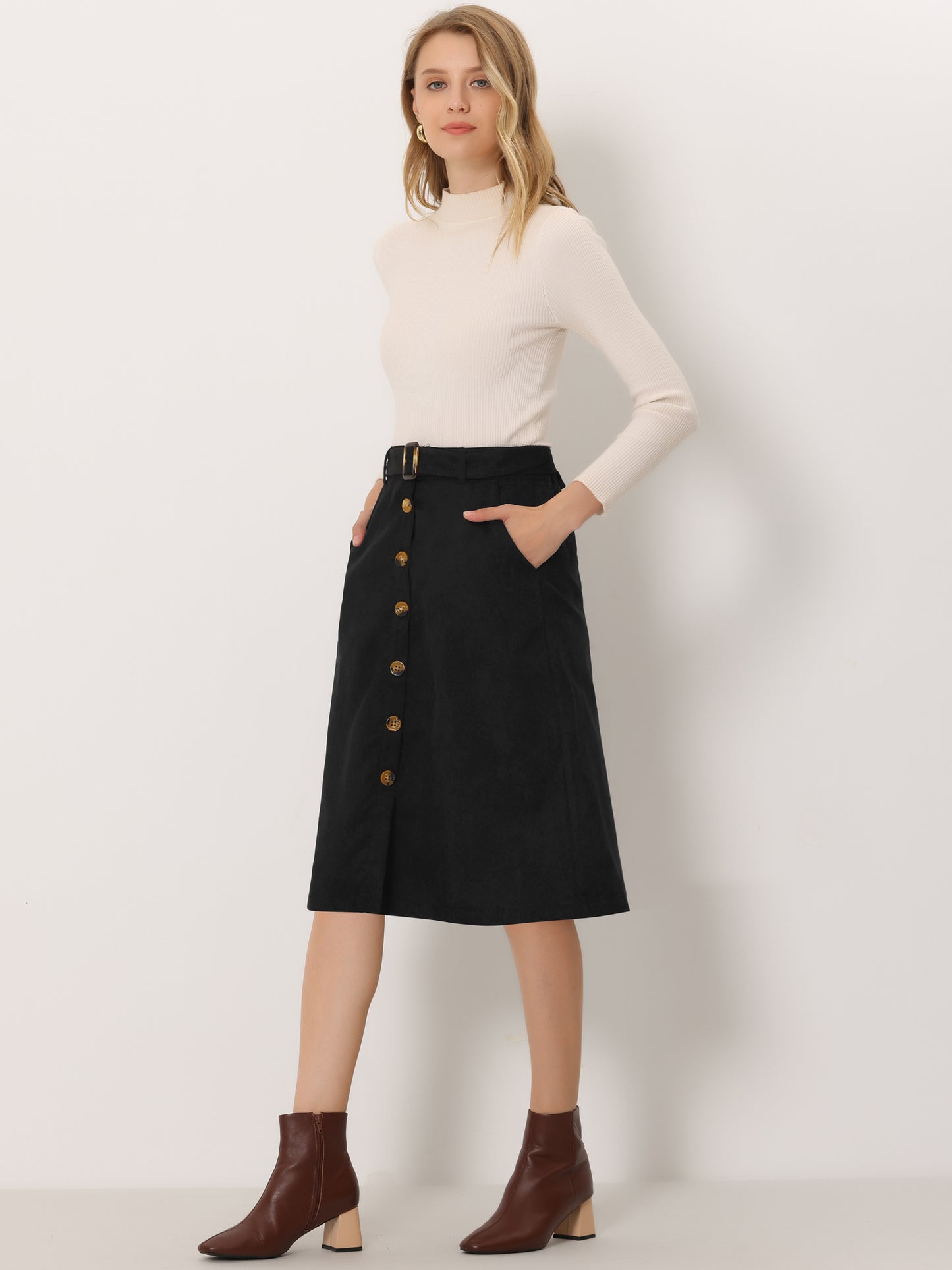 Women's Fall Button Front Belted Corduroy High Waist Midi Skirt (Available in Plus Size)