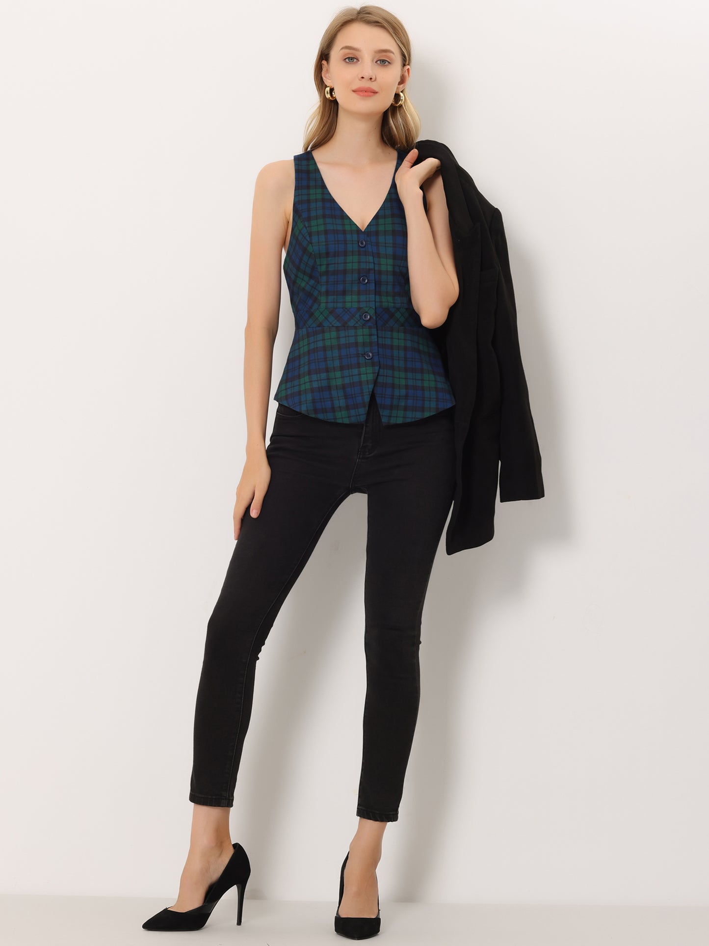 Women's Plaid Vest Single Breasted V Neck Vintage Racerback Waistcoat