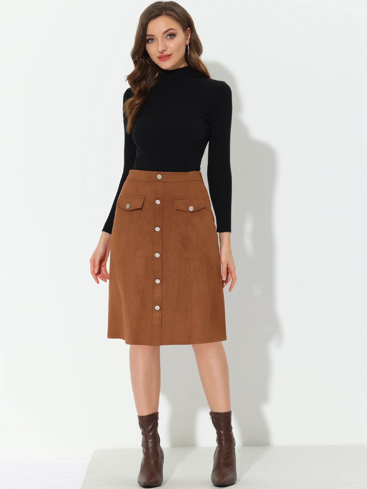 Women's Faux Suede Skirt Button Front High Waist Fall Knee Length A-Line Skirts