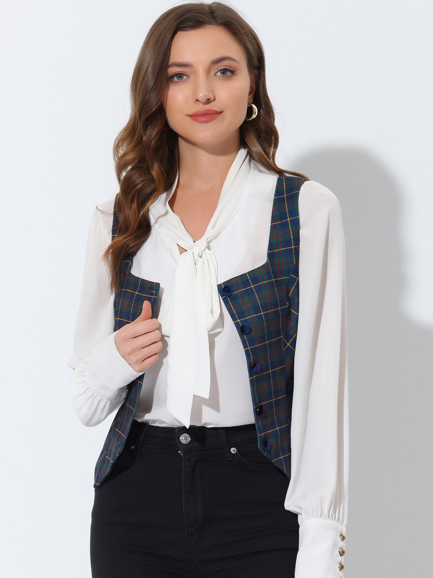 Women's Square Neck Single Breasted Vintage Plaid Waistcoat Vest