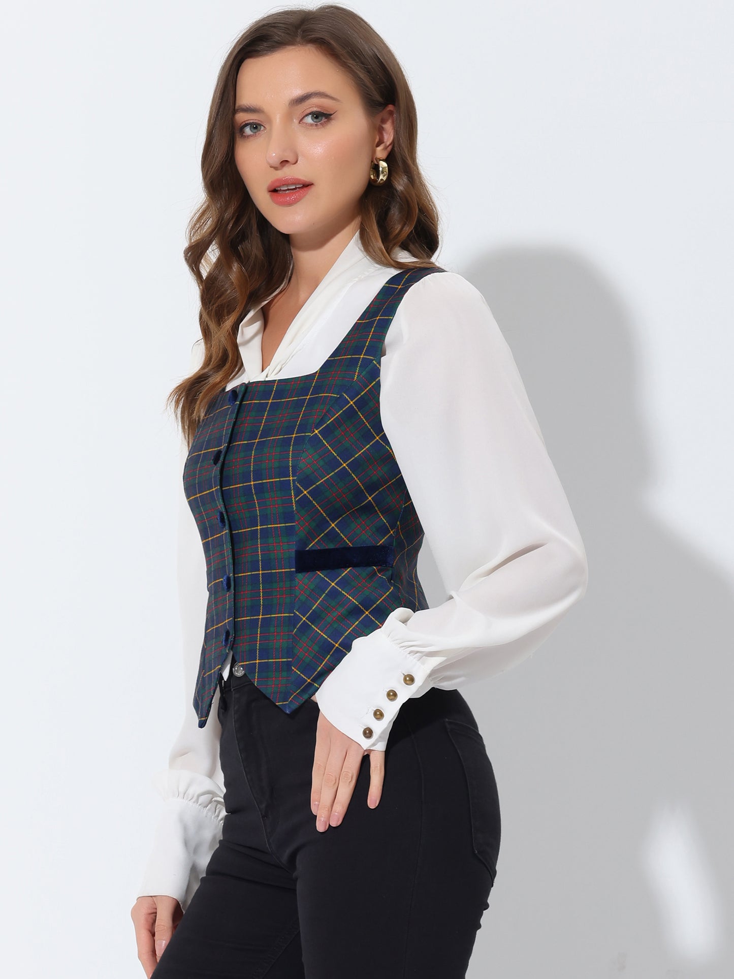 Women's Square Neck Single Breasted Vintage Plaid Waistcoat Vest