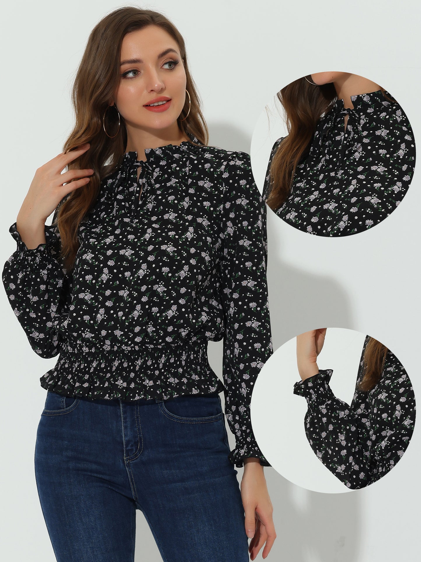 Women's Ruffle Neck Long Sleeve Cropped Smocked Floral Blouse