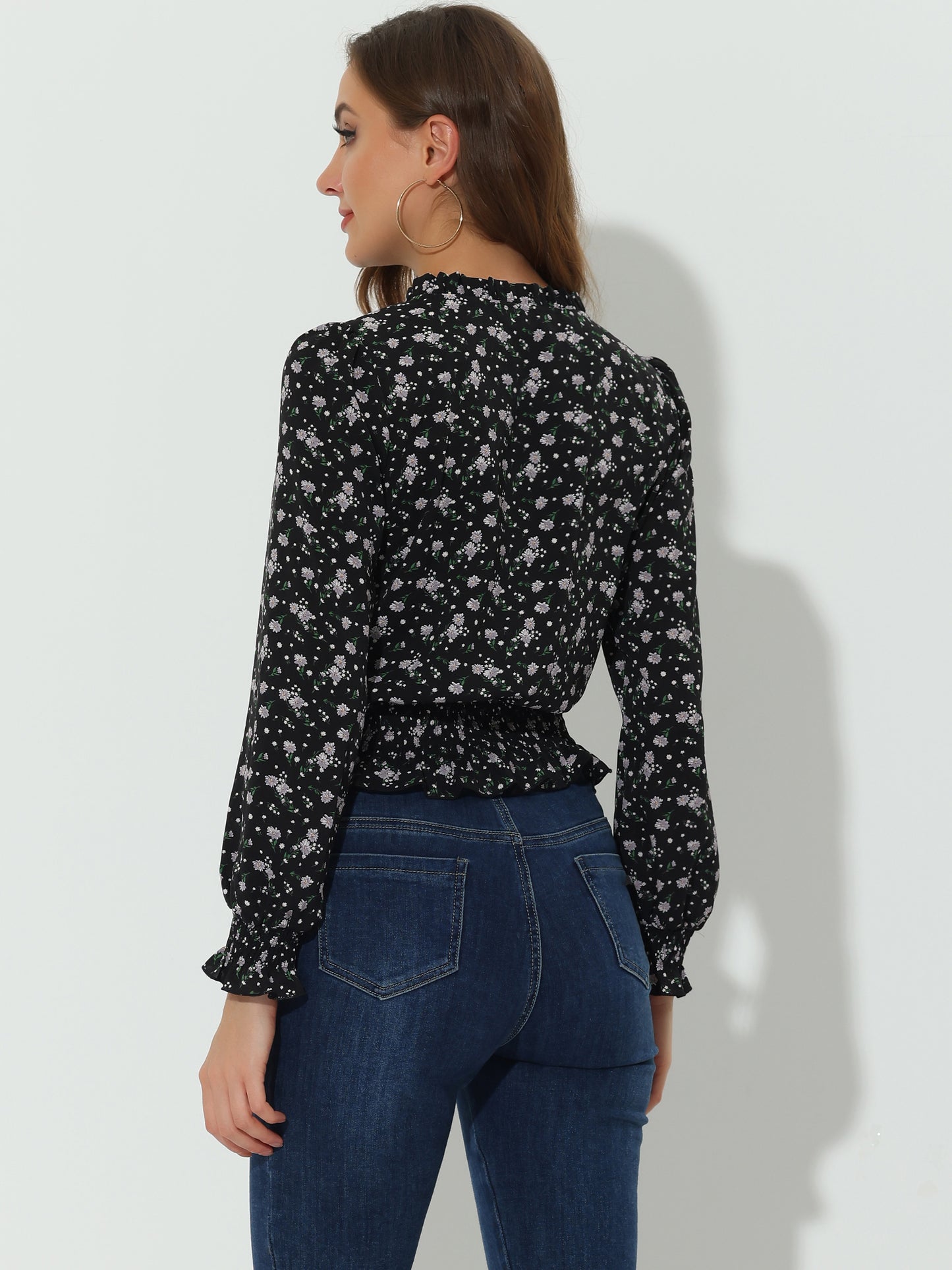 Women's Ruffle Neck Long Sleeve Cropped Smocked Floral Blouse