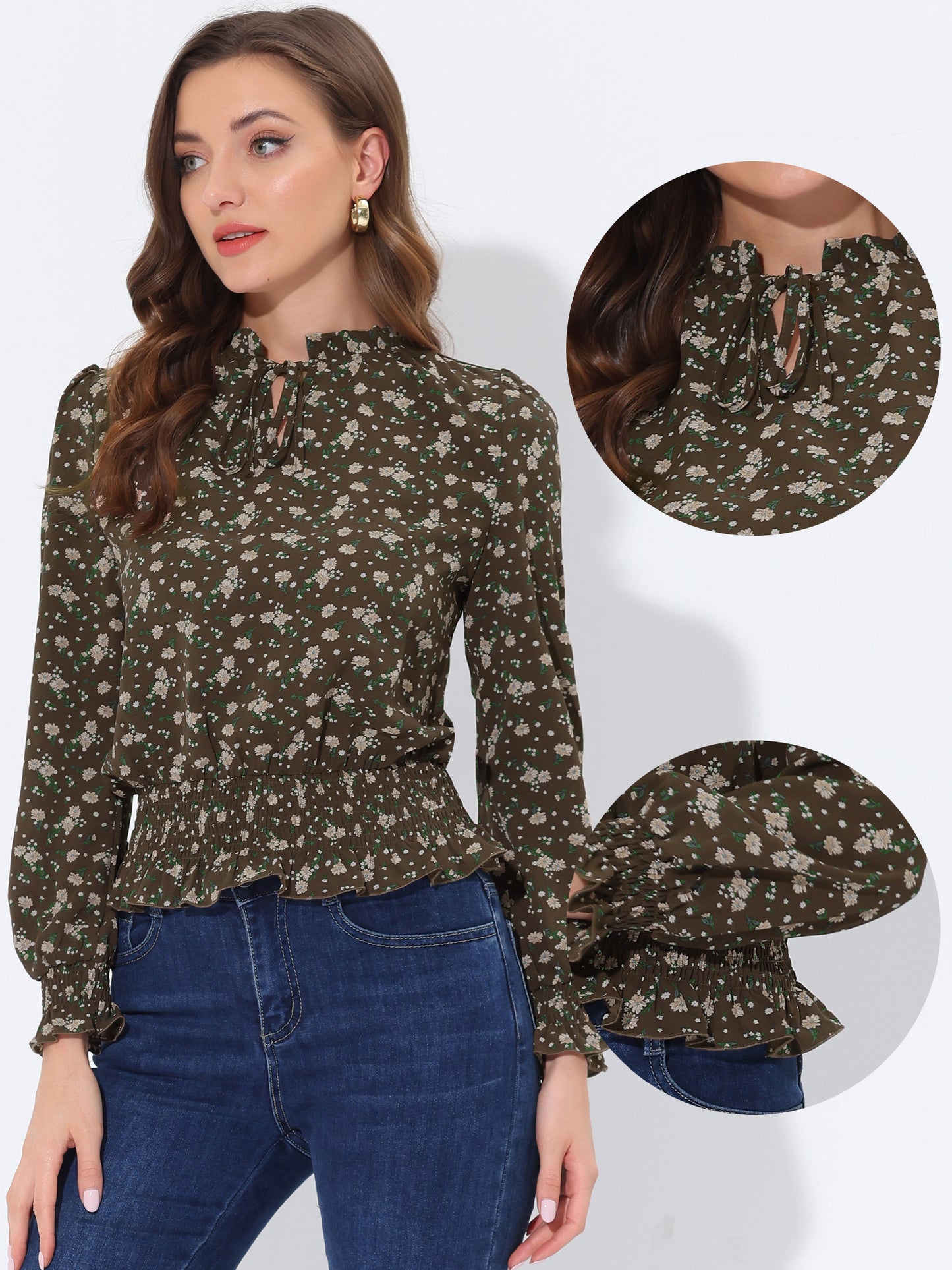 Women's Ruffle Neck Long Sleeve Cropped Smocked Floral Blouse