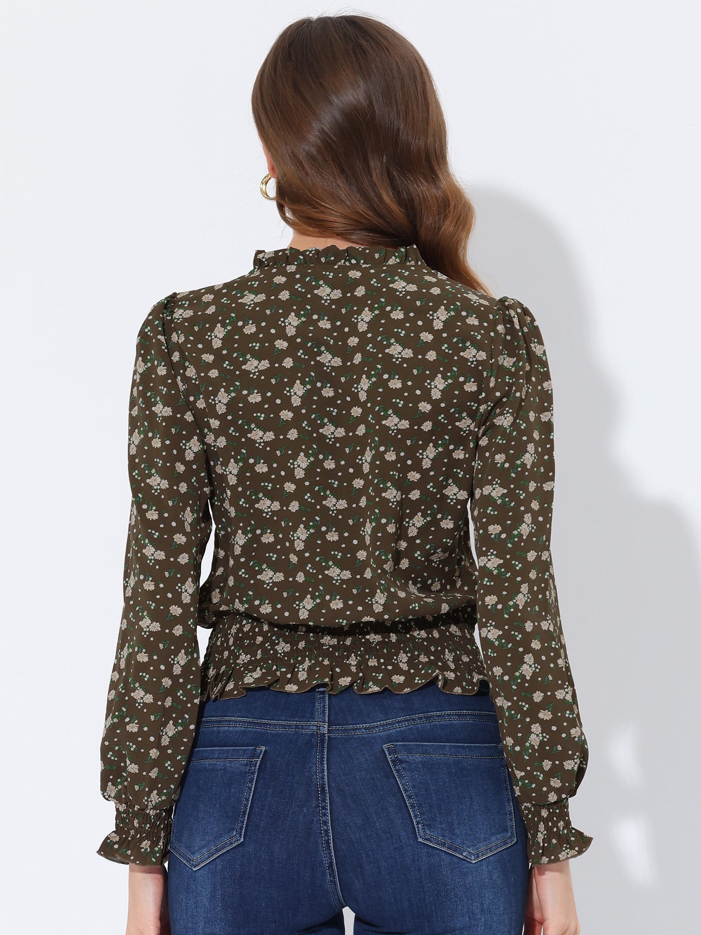Women's Ruffle Neck Long Sleeve Cropped Smocked Floral Blouse